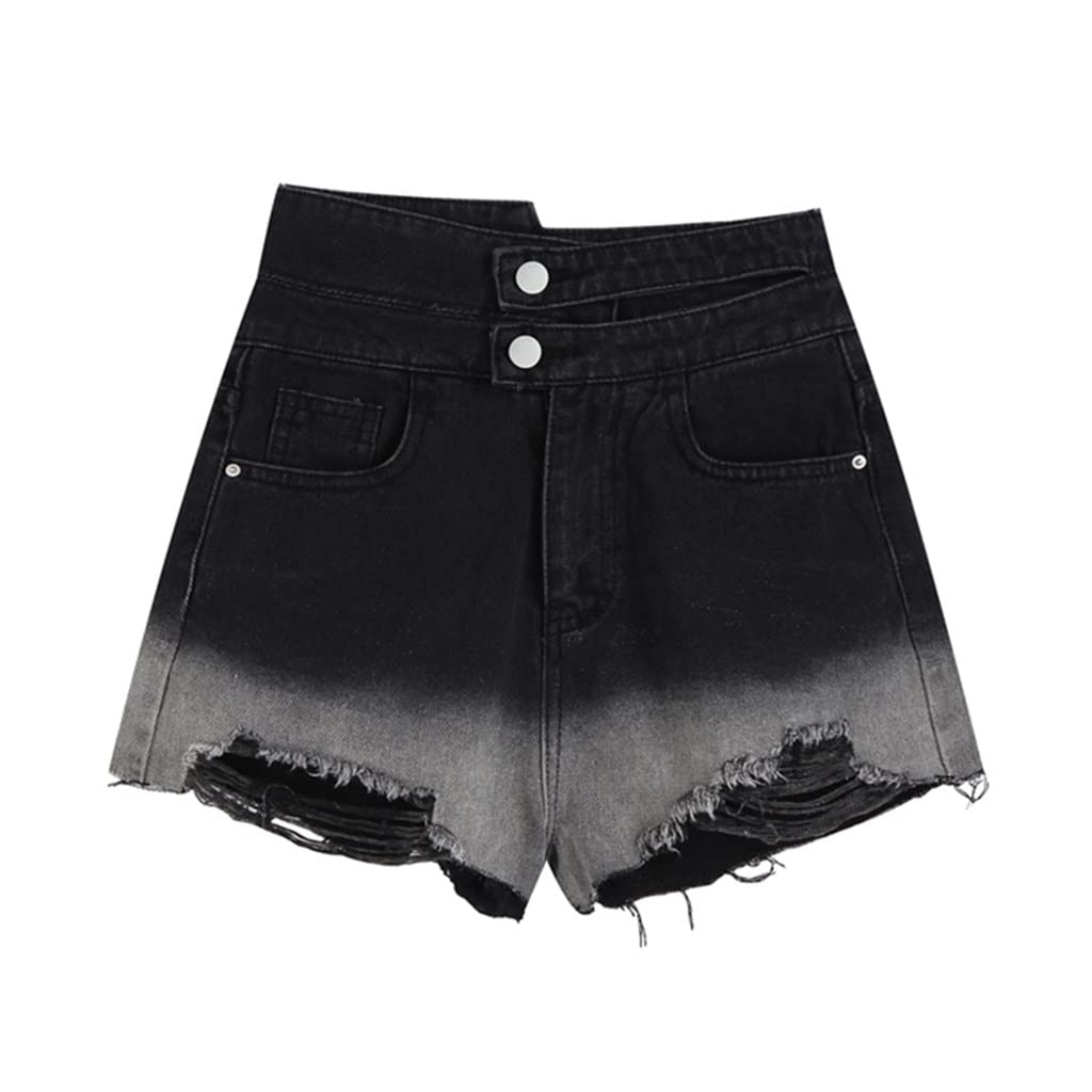 Vintage Ripped High Waist Denim Shorts for Women - Plus Size Distressed Jeans Shorts | Summer Streetwear Fashion | Sexy Hollow Out Design (Black, Size L) - Perfect for Casual Outings, Beach Vacations & Music Festivals