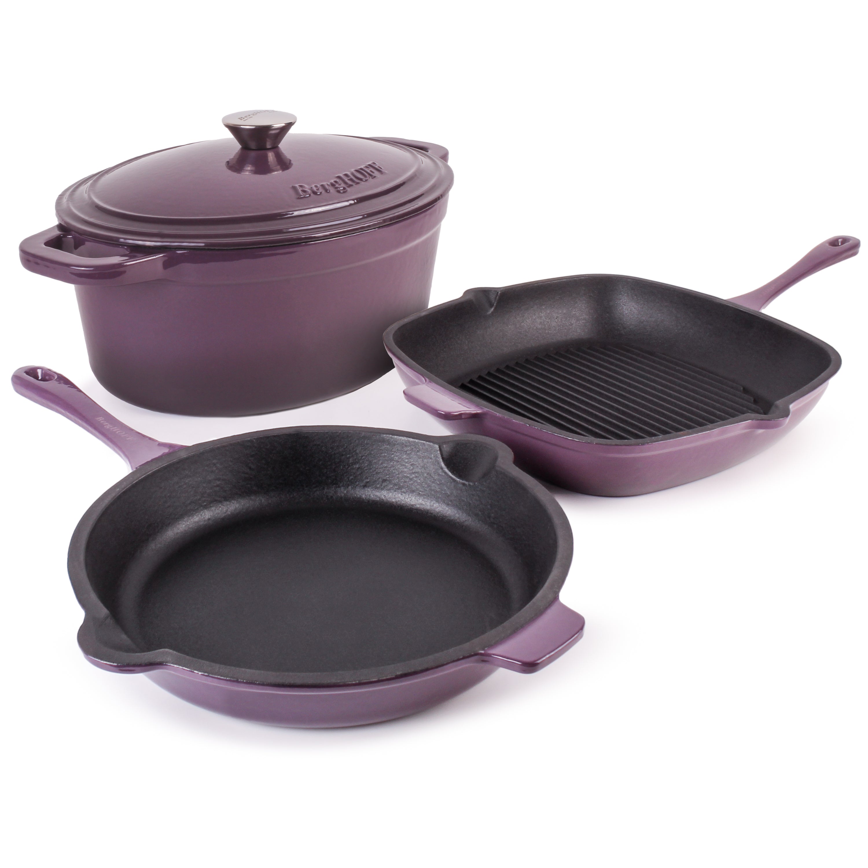 BergHOFF Neo 4-Piece Cast Iron Cookware Set - Grill Pan, Frying Pan & Oval Dutch Oven in Purple | Durable Kitchen Cookware for Grilling, Searing & Braising | Perfect for Stovetop, Oven & Outdoor Cooking