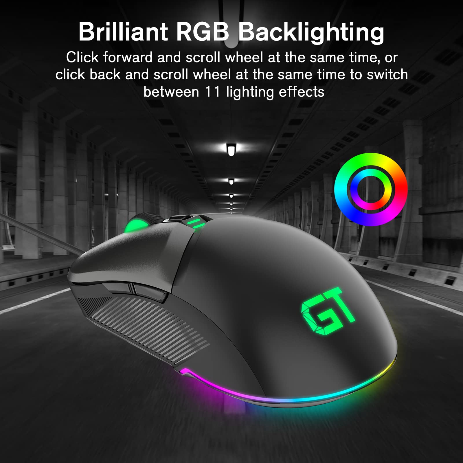 RaceGT Wired Gaming Mouse - High Precision 8000 DPI Adjustable USB Optical Mouse with RGB Backlit, Ergonomic Design for PC, Mac, Laptop - Perfect for FPS, MOBA Gaming & Office Work