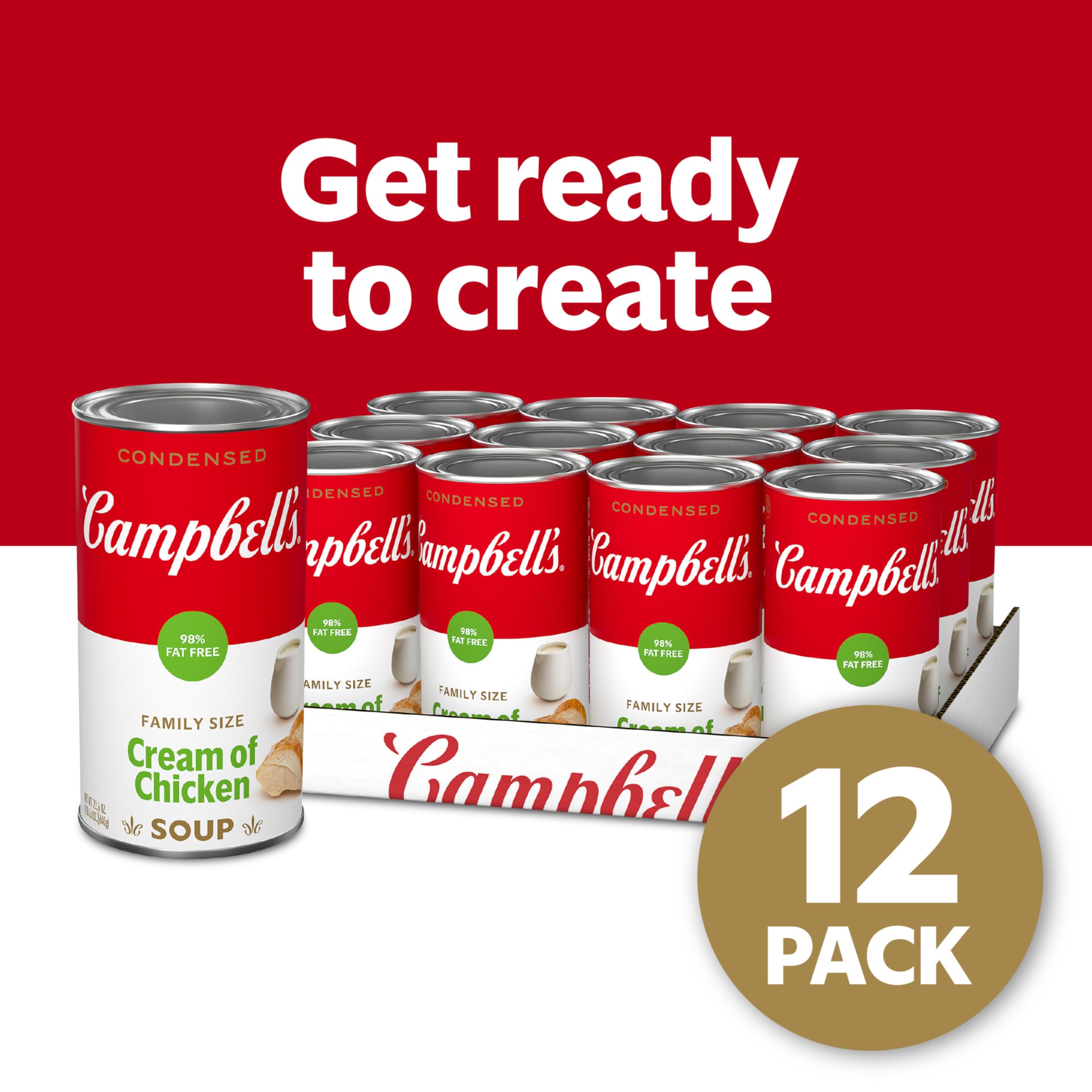 Campbell's Condensed 98% Fat Free Cream of Chicken Soup - 22.6 oz Family Size Can (12 Pack) | Easy Cooking & Meal Prep for Soups, Casseroles & Recipes | Pantry Staple for Quick Meals