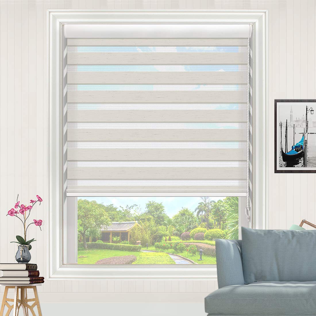 MiLin No Tools Zebra Window Blinds - Dual Sheer Layer Light Filtering Roller Shades, Easy to Install Privacy Curtains with Fast Delivery (Custom Sizes Available) - Perfect for Living Rooms, Bedrooms and Home Offices