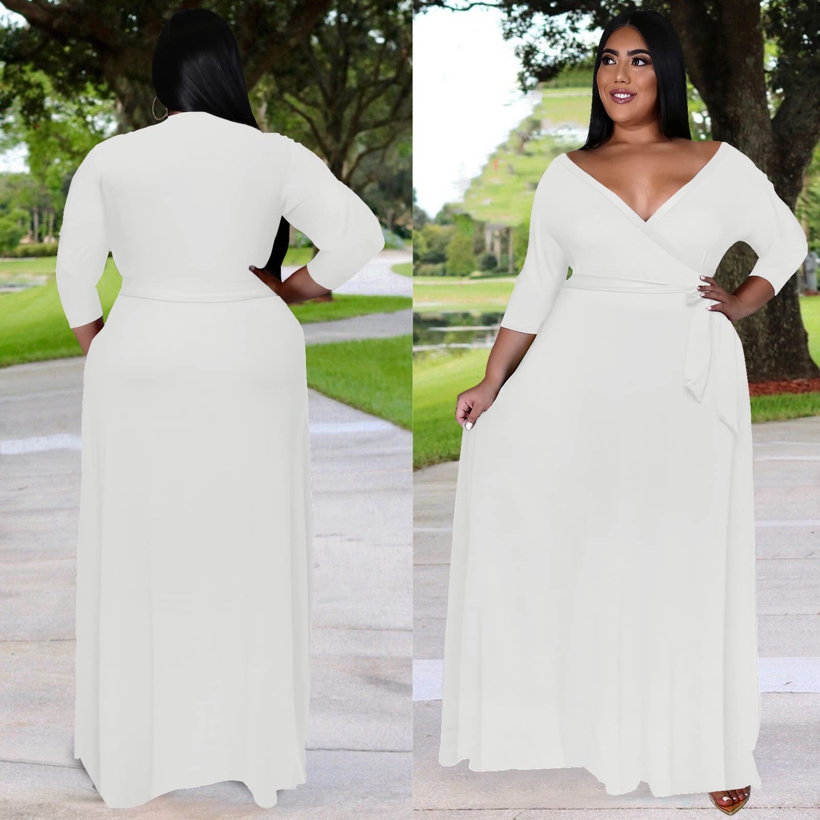 Runwind Plus Size Floral Maxi Dress for Women - Flowy 3/4 Sleeve with Adjustable Belt | Summer Beach Wedding & Vacation Outfit