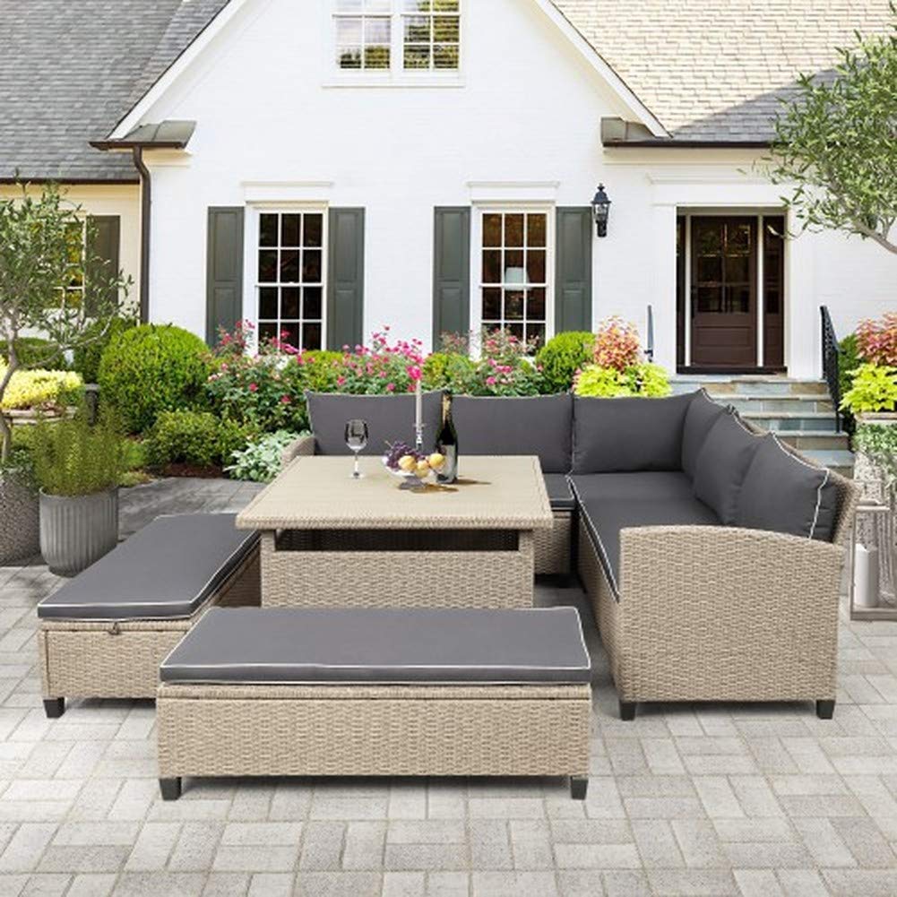 6-Piece Outdoor Patio Furniture Set - All-Weather Wicker Rattan Sectional Sofa with Coffee Table & Benches for Backyard, Garden, Poolside - Perfect for Relaxing, Entertaining & Outdoor Dining