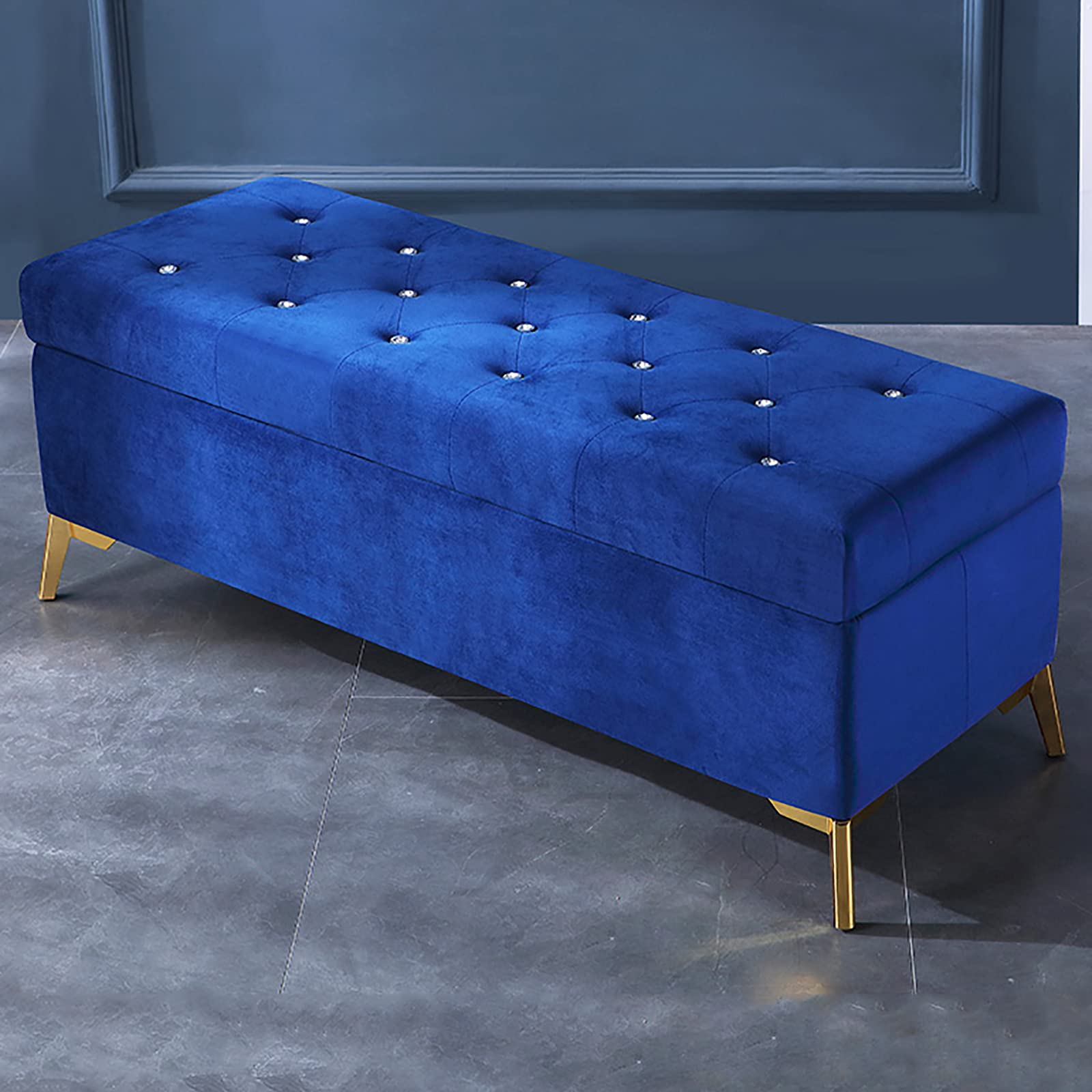 Luxury Velvet Upholstered Storage Ottoman Bench with Crystal Buttons - Navy Blue 60x42x45cm (24x17x18inch) - Modern Living Room Furniture, Bedroom Footrest, Entryway Shoe Storage Bench - Perfect for Small Space Organization & Home Decor