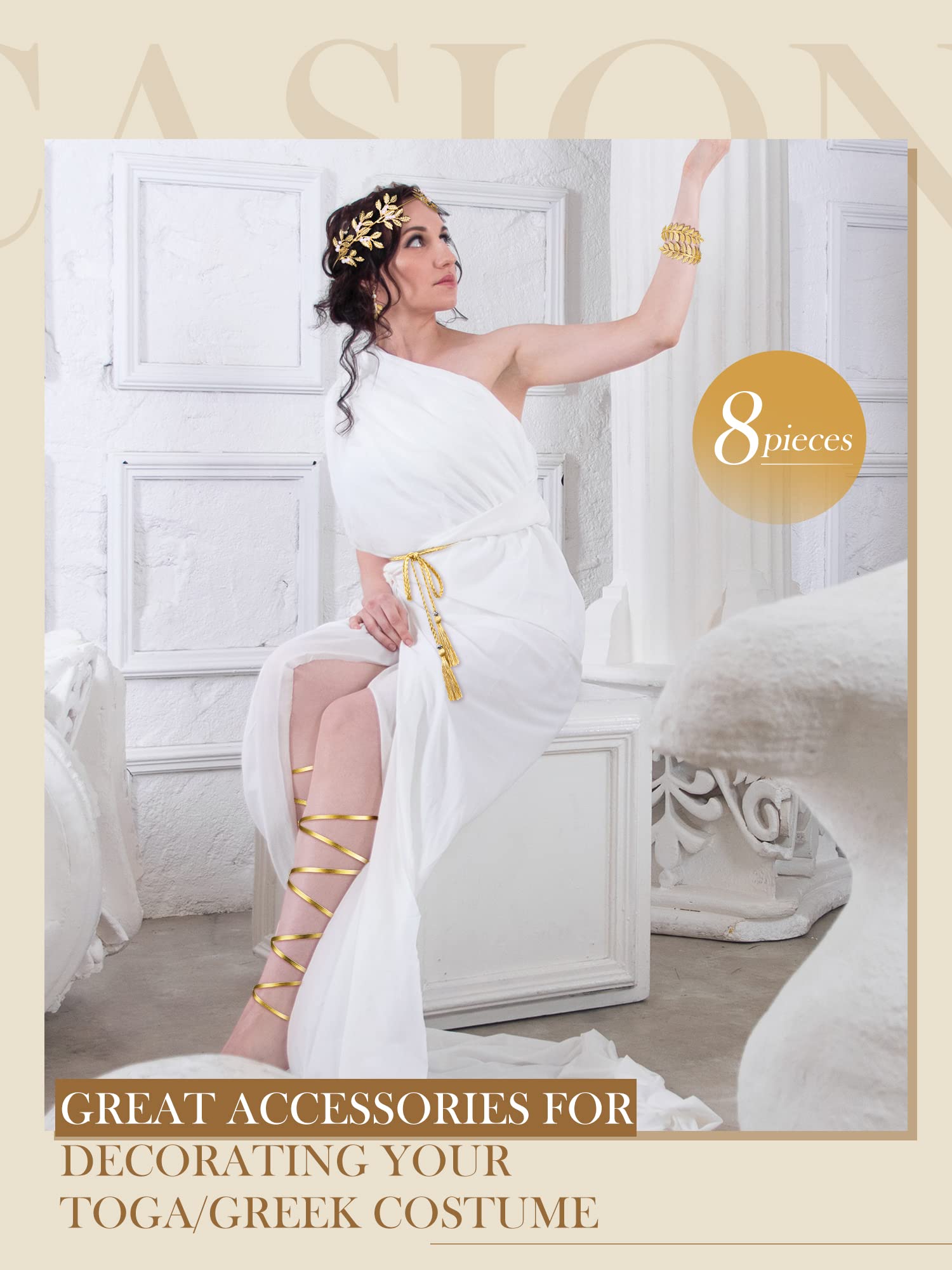 Greek Goddess Costume Accessories Set - 8PCS Leaf Crown Headband, Arm Cuffs, Bracelet & Dangle Earrings for Women | Perfect for Halloween, Cosplay, Themed Parties & Greek Mythology Events