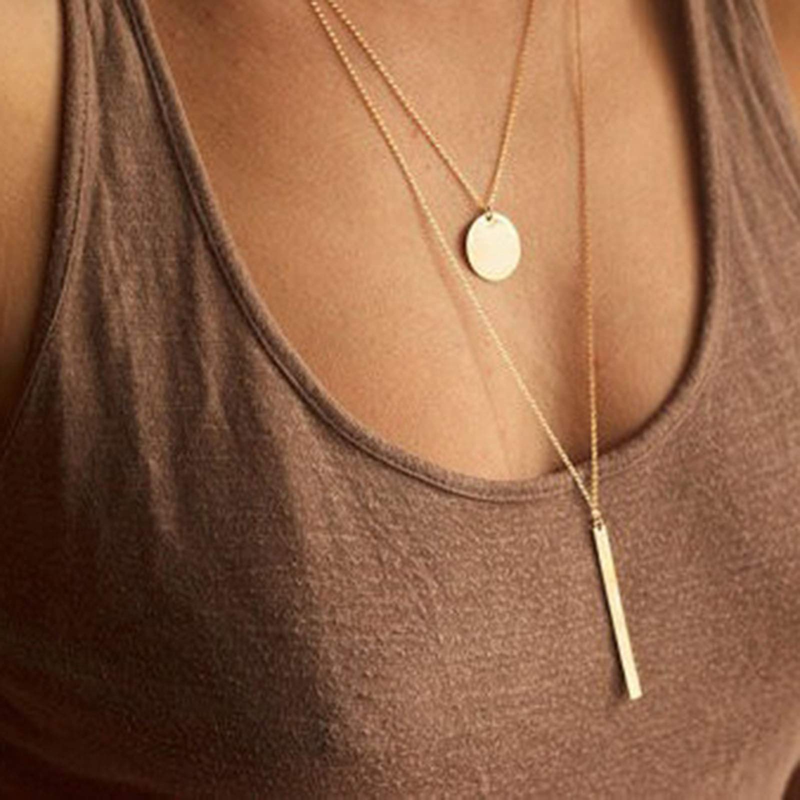 YienDoo Multilayer Gold Sequin Necklace - Round Disc & Vertical Bar Pendant Layered Charm Chain Jewelry for Women and Girls | Perfect for Parties, Weddings, and Everyday Elegance