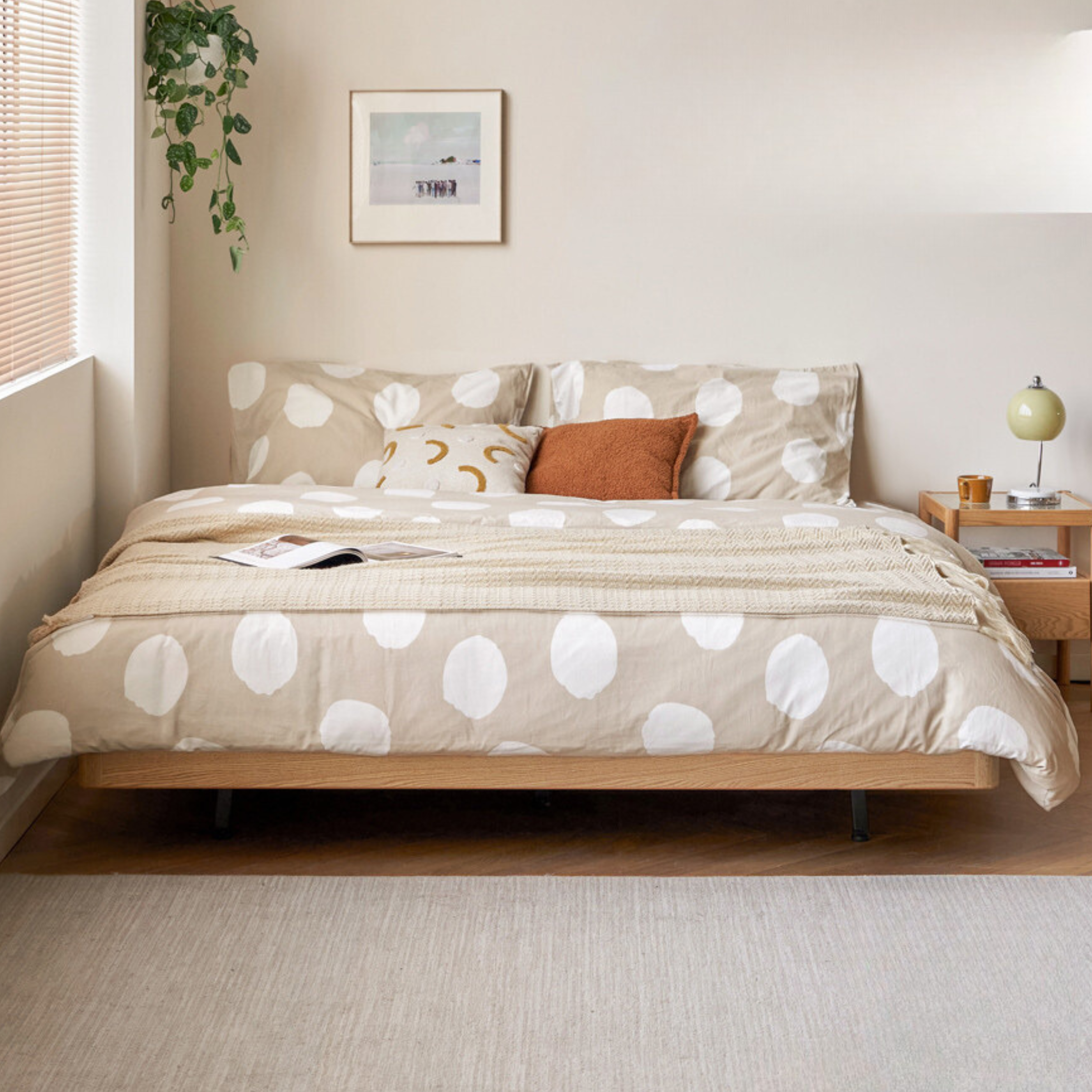 Solid Oak Wood Platform Bed - Headboard Free Modern Design with Night Light - Perfect for Bedroom, Guest Room & Small Spaces
