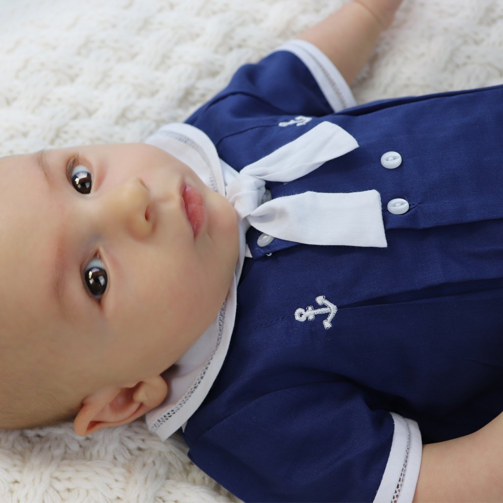 Baby Boys' Sailor Romper with Embroidered Anchors - Cute Nautical Outfit for Newborns & Infants - Perfect for Photo Shoots, Parties & Summer Outings