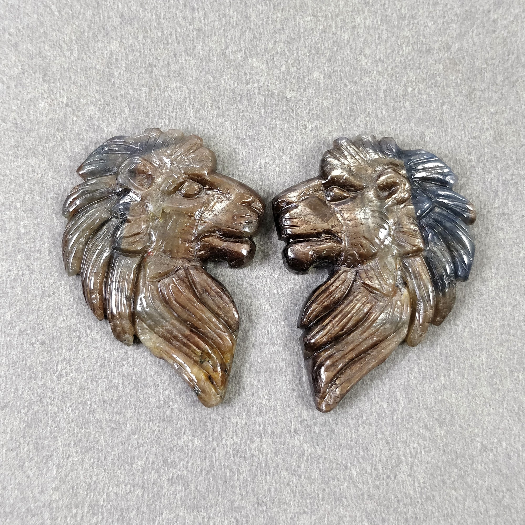 Natural Untreated Golden Brown Chocolate Blue Sapphire Gemstone - 82.95cts Hand Carved Lion Face (37x26mm) September Birthstone Pair - Perfect for Jewelry Making, Birthstone Gifts & Gemstone Collections