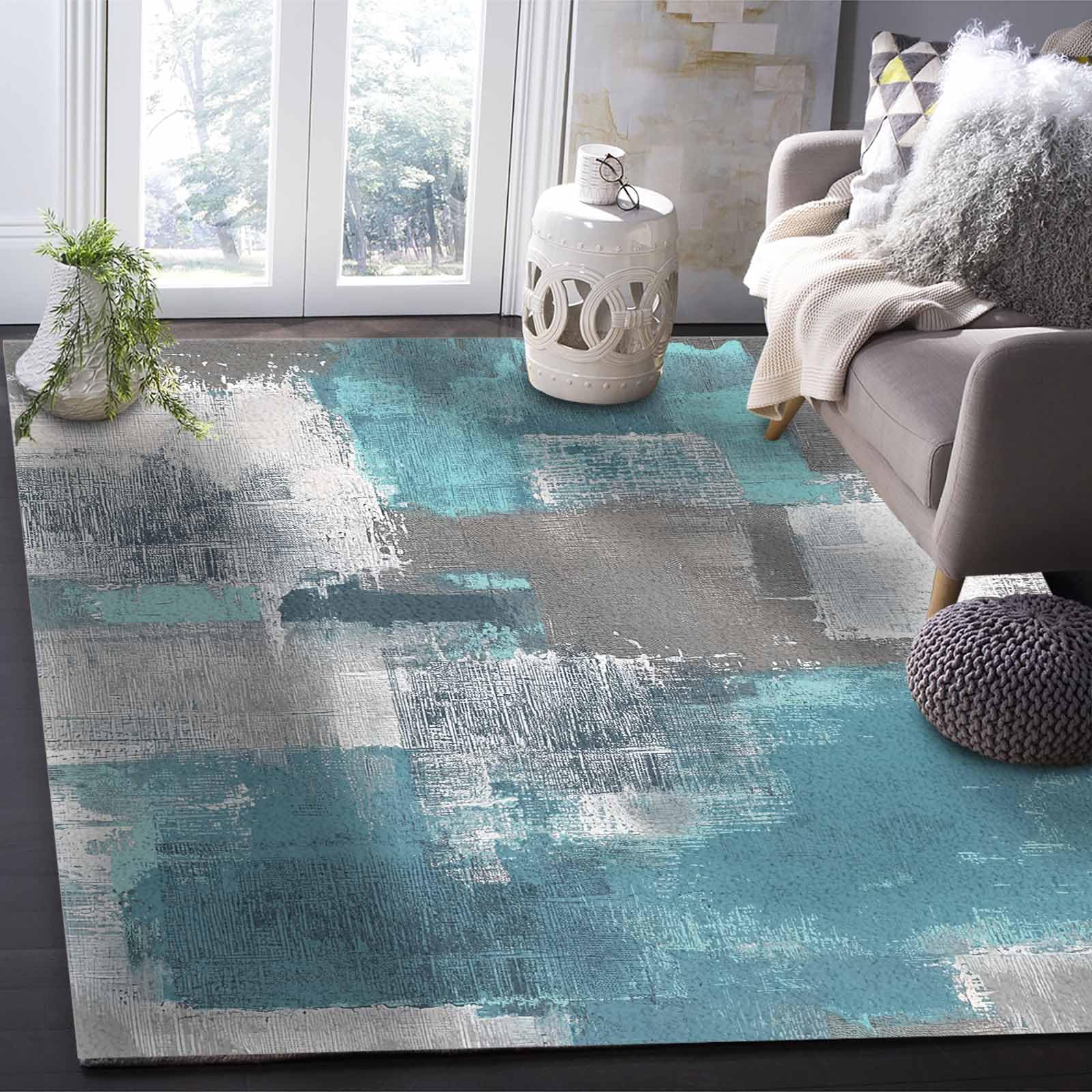 Modern Abstract Teal & Gray Shag Area Rug 2'8
