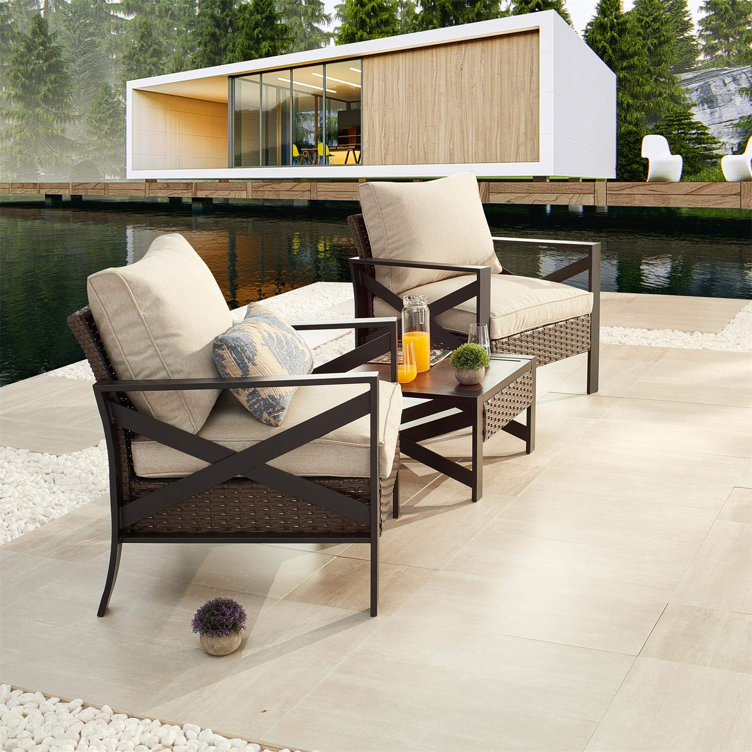 PatioFestival 3-Piece Wicker Rattan Bistro Set - Outdoor Steel Frame Conversation Furniture with 2 Cushioned Chairs & Coffee Table - Perfect for Backyard, Garden, Poolside, Lawn or Patio Relaxation