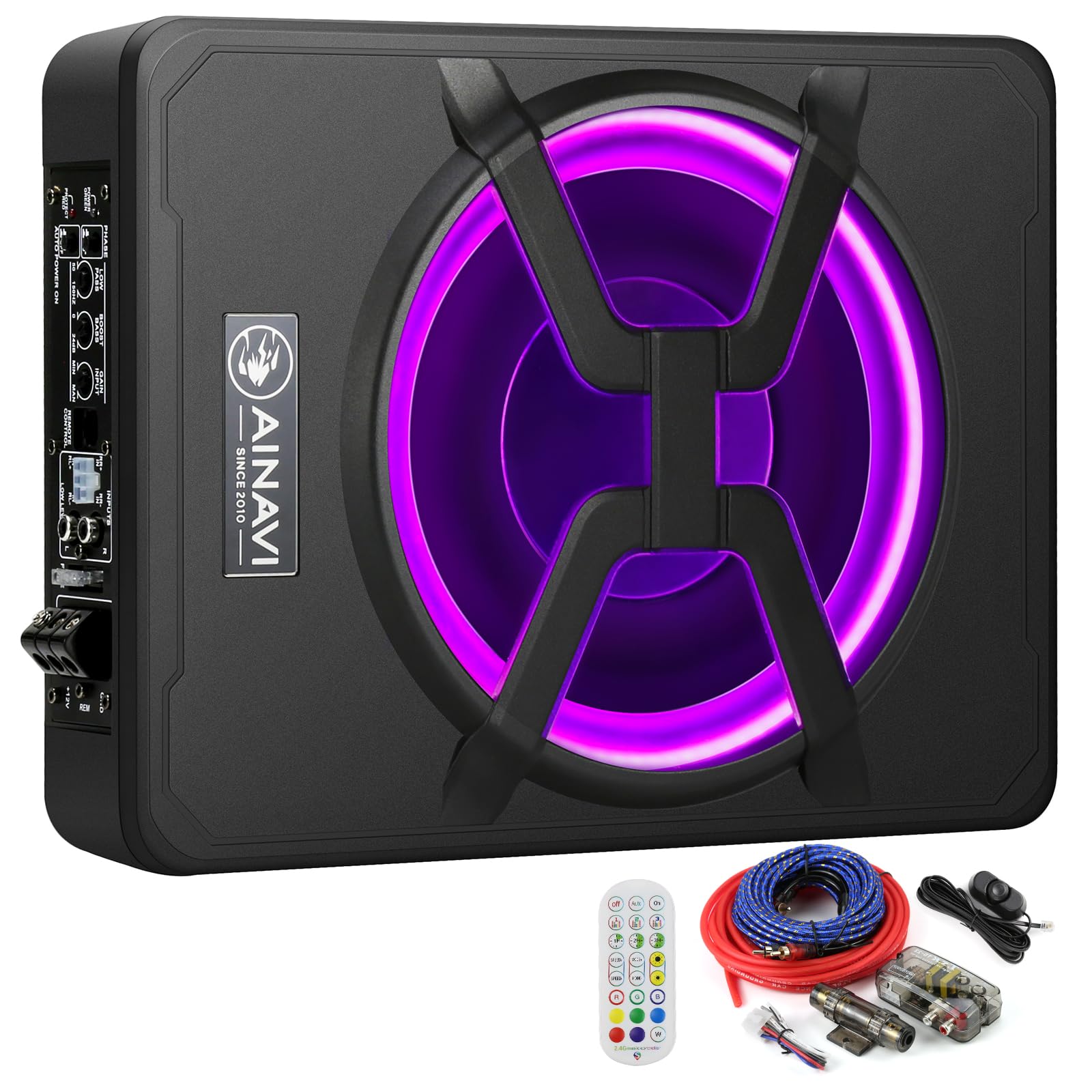 AINAVI 10 Inch Under Seat Car Subwoofer with 800W Built-in Amplifier, Multi-Color Ambient Lighting & Remote Control - Powerful Bass for Trucks, SUVs & Sedans - Perfect for Road Trips & Music Lovers