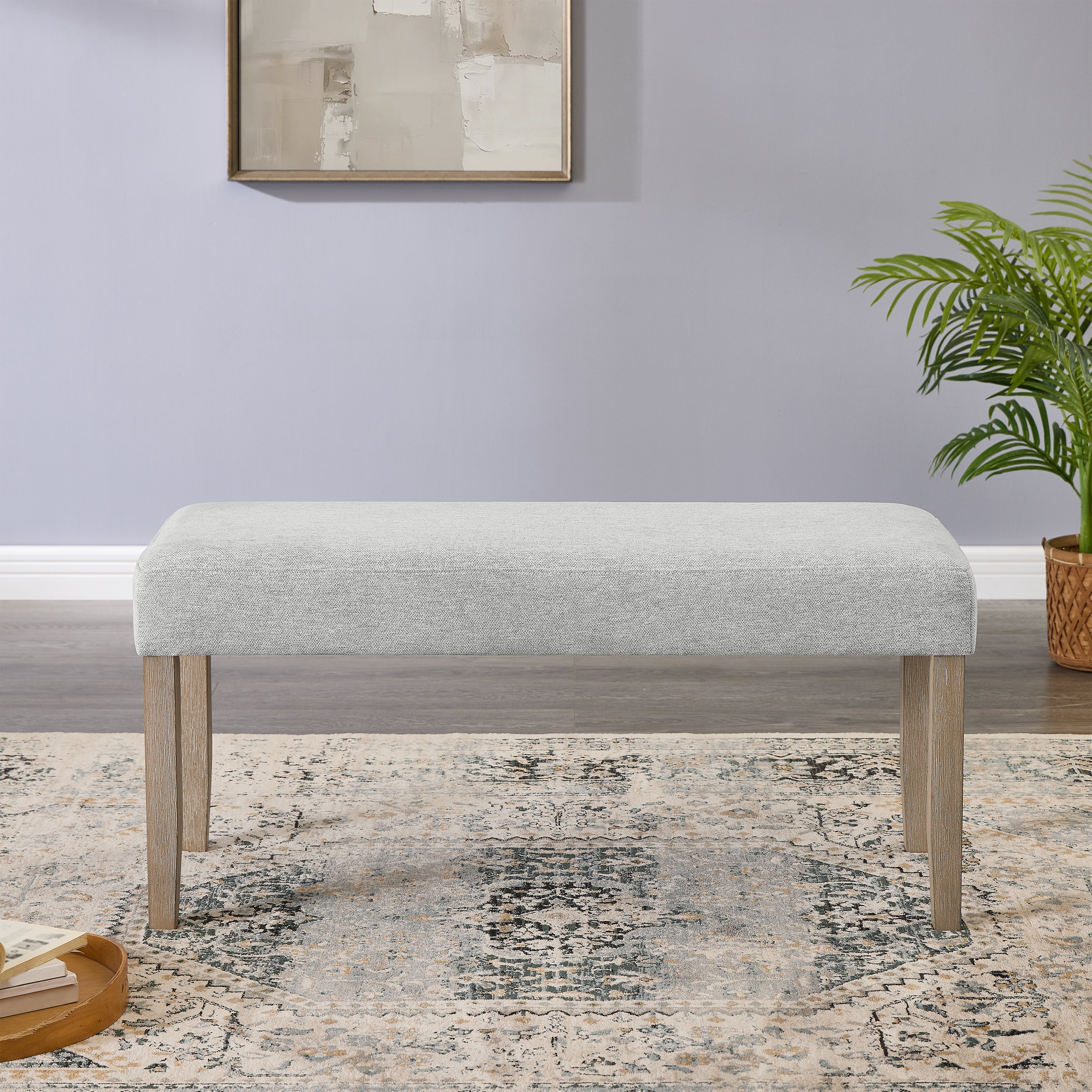 Roundhill Furniture Zelalle Upholstered Bench - Light Gray Fabric with Sturdy Rubberwood Legs | Perfect for Bedroom, Entryway or Living Room Seating