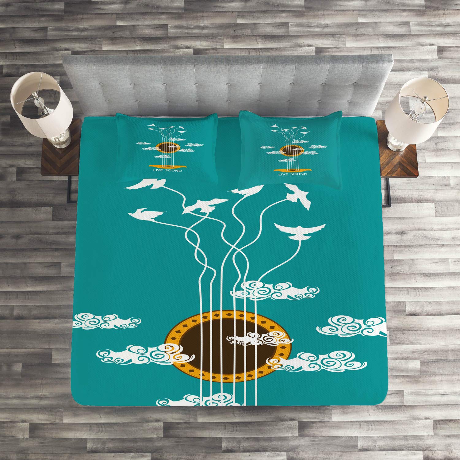 Ambesonne 3-Piece Guitar Themed Quilt Set - Abstract Music Design with Birds on Strings & Clouds, Queen Size Bedspread with 2 Pillow Shams in Turquoise Marigold White | Perfect for Music Lovers' Bedroom Decor, Bohemian Style Home, and Unique Gift Ideas