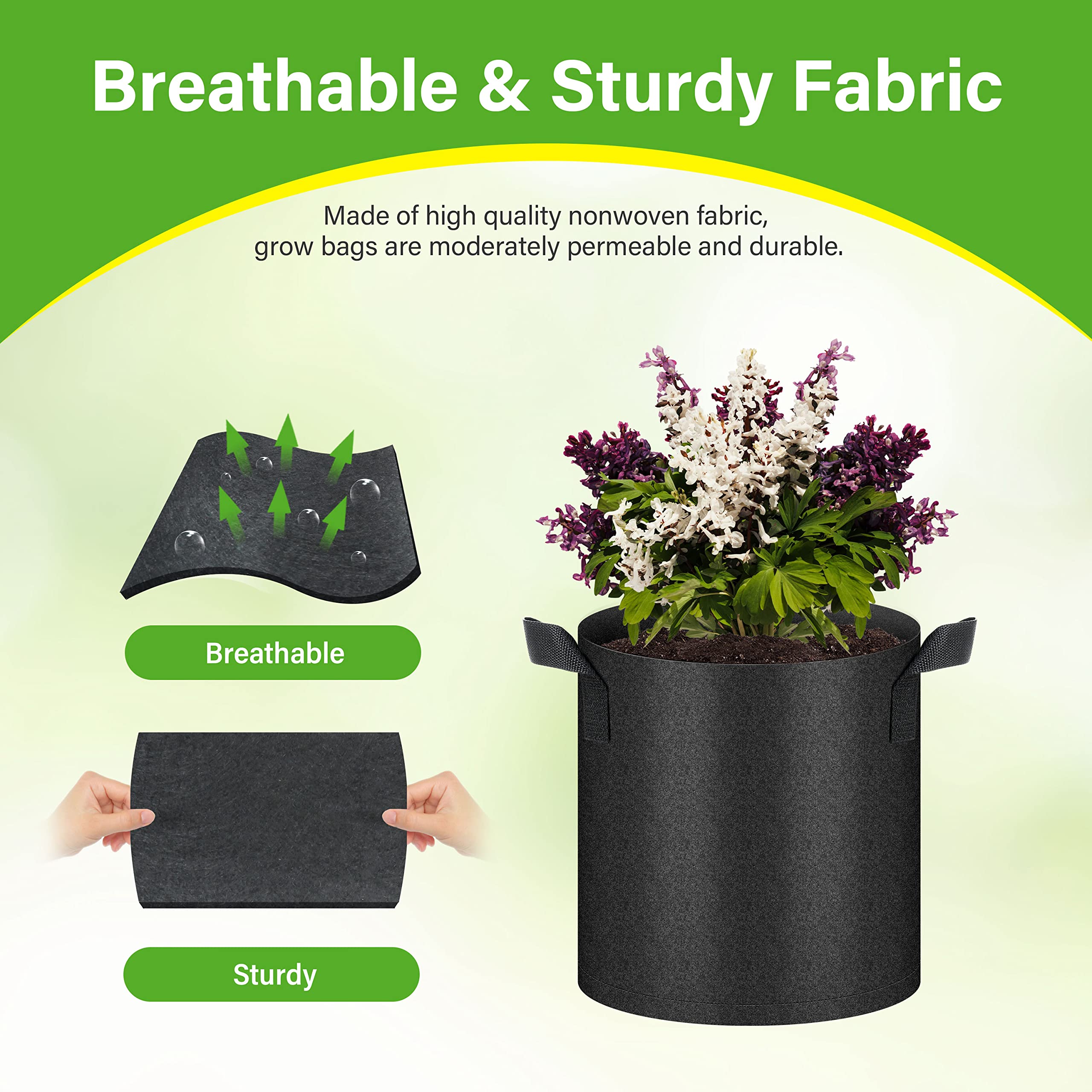 HealSmart 6-Pack 2 Gallon Nonwoven Fabric Grow Bags with Handles - Breathable Plant Pots for Vegetables, Fruits, Flowers & Herbs - Ideal for Indoor/Outdoor Gardening, Balcony Planting & Urban Farming (Black)