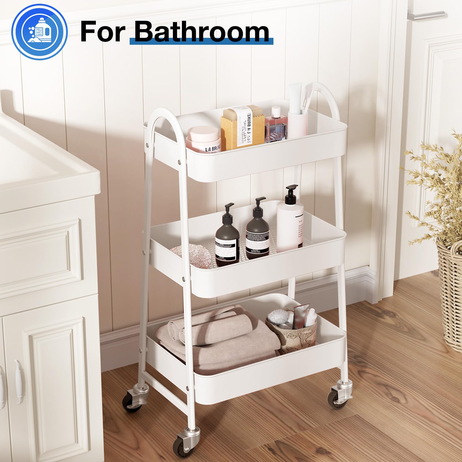 OLIXIS 3-Tier Metal Rolling Cart with Lockable Wheels - Mobile Storage Shelf Organizer for Kitchen, Bathroom, Living Room & Small Spaces - White - Perfect for Home Organization, Office Supplies & Closet Storage