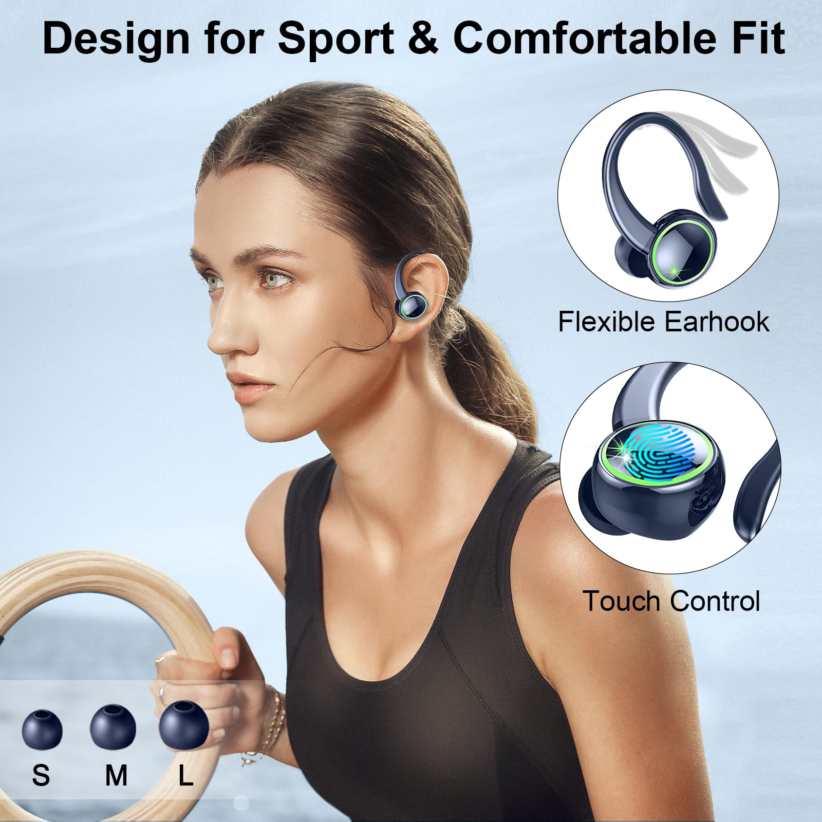 Wireless Bluetooth 5.3 Earbuds with ENC Noise Cancelling Mic - 50H Playtime HiFi Stereo Sports Earphones, IP7 Waterproof Over-Ear Headset with Secure Earhooks for Running, Gym Workouts & Fitness Activities | Perfect for Jogging, Cycling & Outdoor Sports