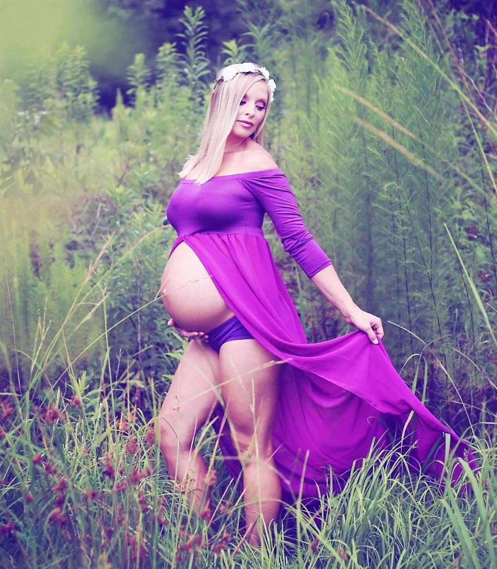 ZIUMUDY Maternity Maxi Chiffon Dress for Photoshoot - Elegant Split Front Gown for Pregnancy Photography, Baby Shower & Maternity Portraits