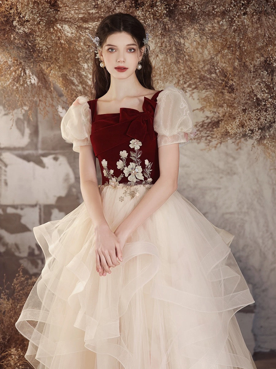 Elegant A-Line Tulle Velvet Burgundy and Champagne Long Prom Dress for Sweet 16 Party, Homecoming, Quinceañera & Formal Events