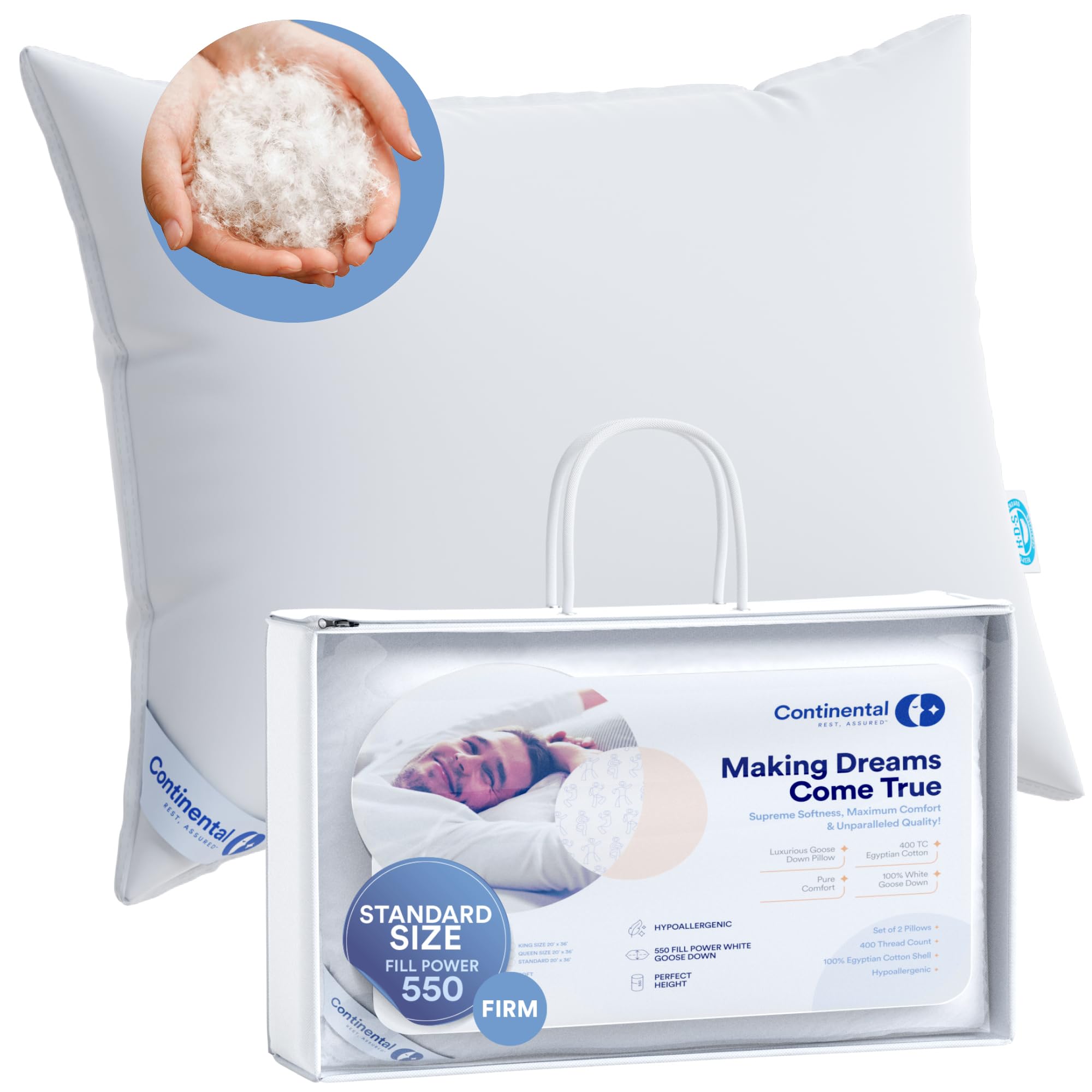 Premium 100% Luxury Down Pillows 550 Fill Power - Firm Support, Standard Size (Pack of 1) White - Perfect for Back Sleepers & Hotel-Style Comfort