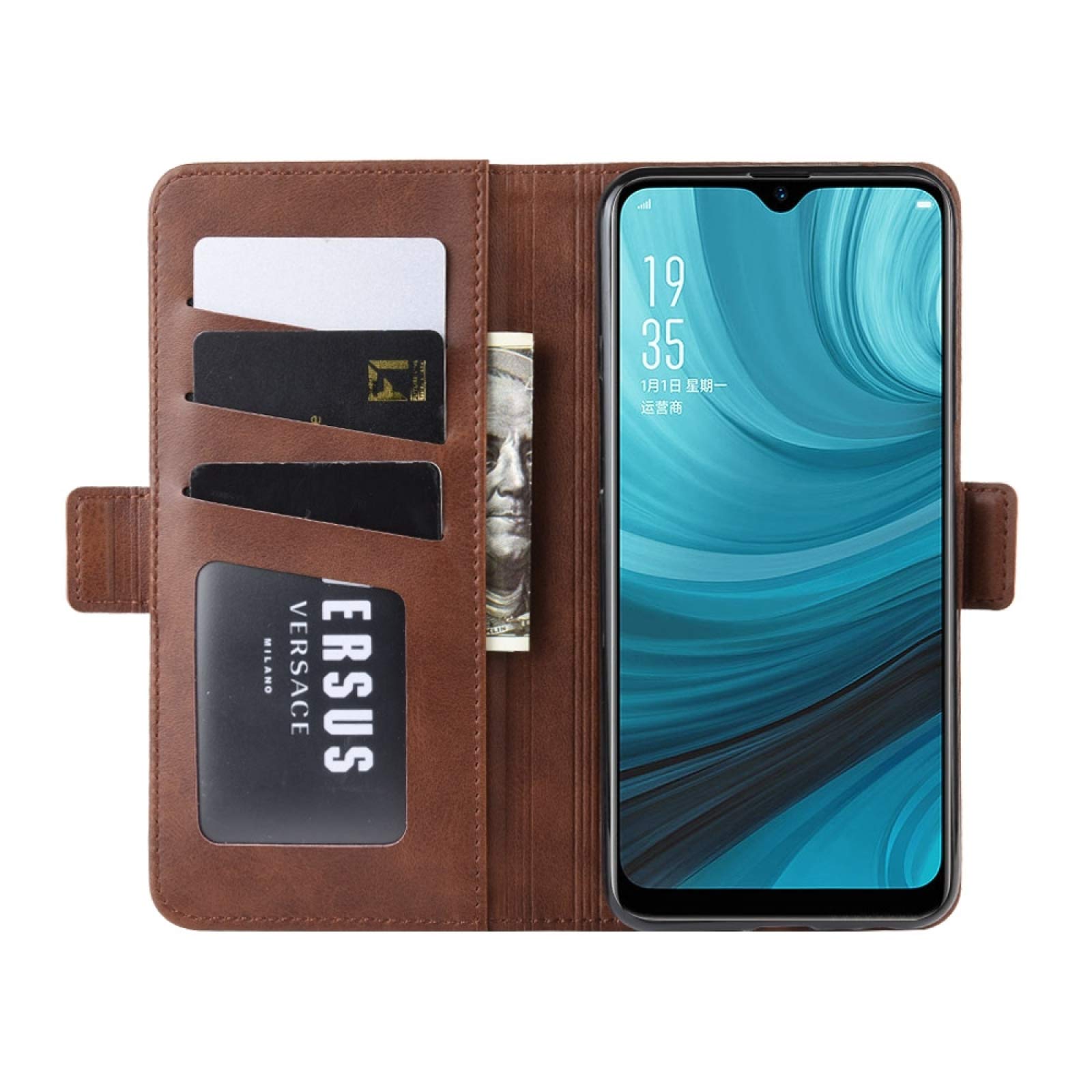 Oppo A7 / AX7 Leather Phone Case with Card Holder & Wallet Function - Double Buckle Business Holster Cover (Brown) | Perfect for Work, Travel & Daily Use