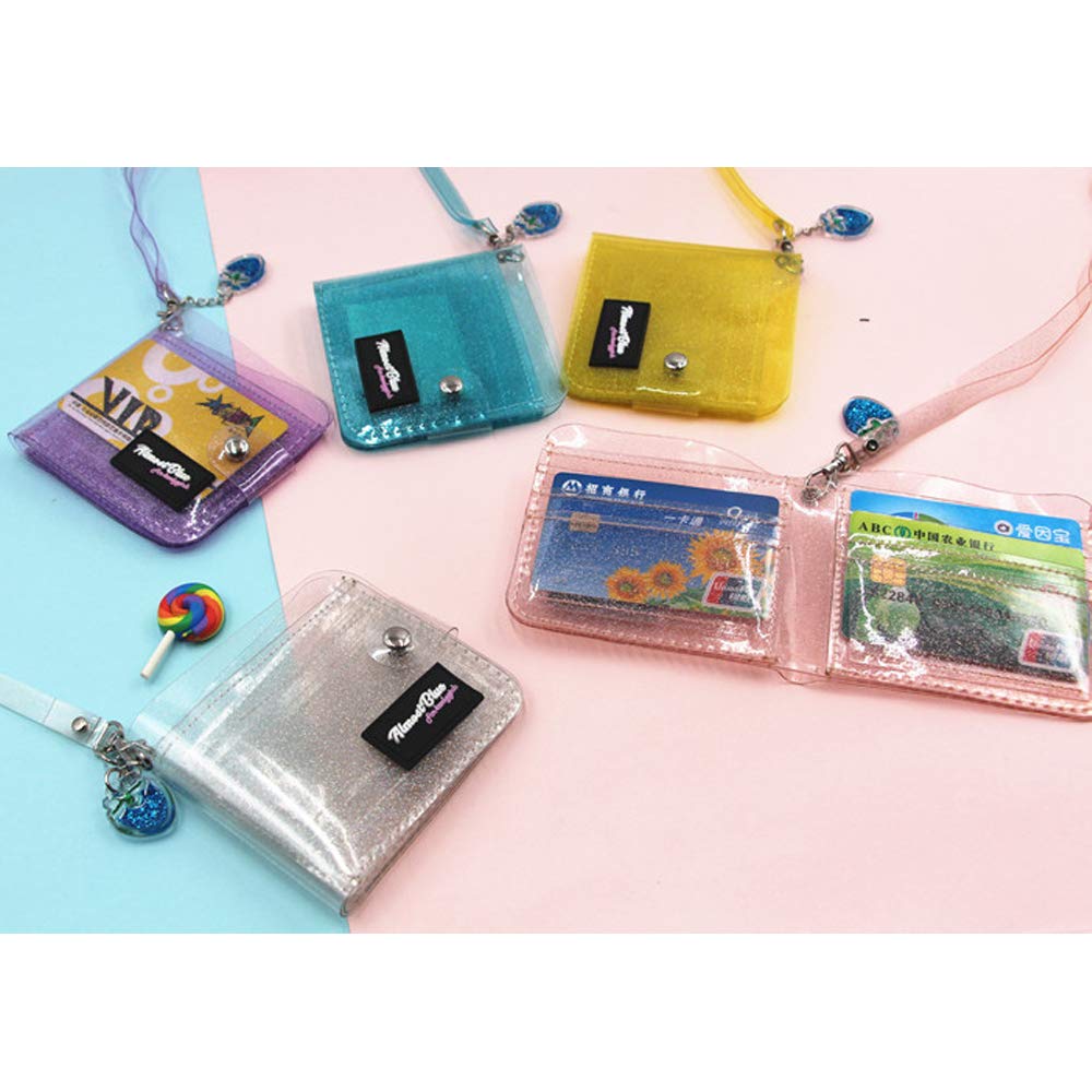 Clear PVC Glitter Card Holder Wallet for Women - Transparent ID Case with Neck Lanyard, Cash Coin Pocket & Photo Sticker Storage (Blue) | Perfect for Travel, Work, and Everyday Use