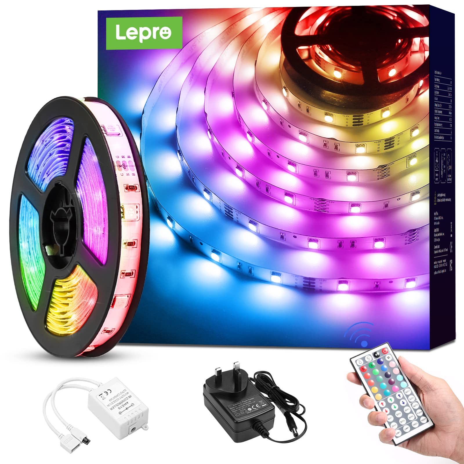 Lepro 16.4ft LED Strip Lights RGB Color Changing, Dimmable 5050 SMD LED Light Strips with Remote Control - for Bedroom, Living Room, TV Backlight, Kitchen, Gaming Setup, Party Decor (150 LEDs, 5M)