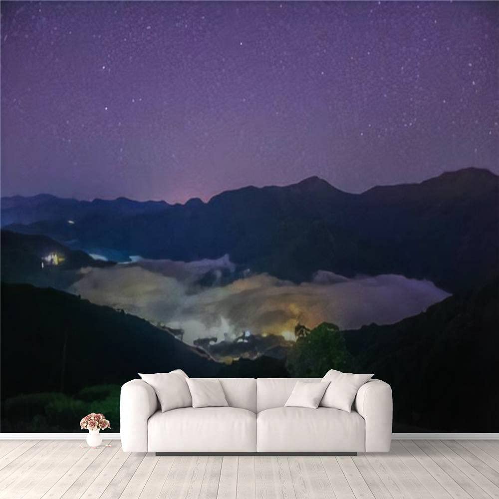 Modern 3D Landscape Night View of Wujie Tea Garden with Stars and Galaxy Milky Way Peel & Stick Wallpaper - Removable Wall Mural for Living Room, Bedroom, TV Background - Perfect for Home Decor, Nursery, Office & Dorm Room
