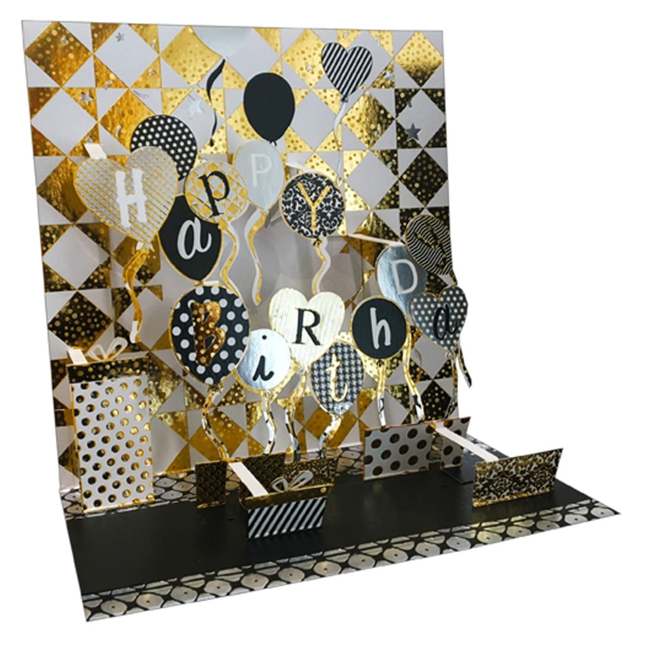 3D Diamond Pattern Pop-Up Birthday Card with Black, Gold & Silver Foil Balloons - Elegant Keepsake for Anniversaries, Weddings & Special Celebrations