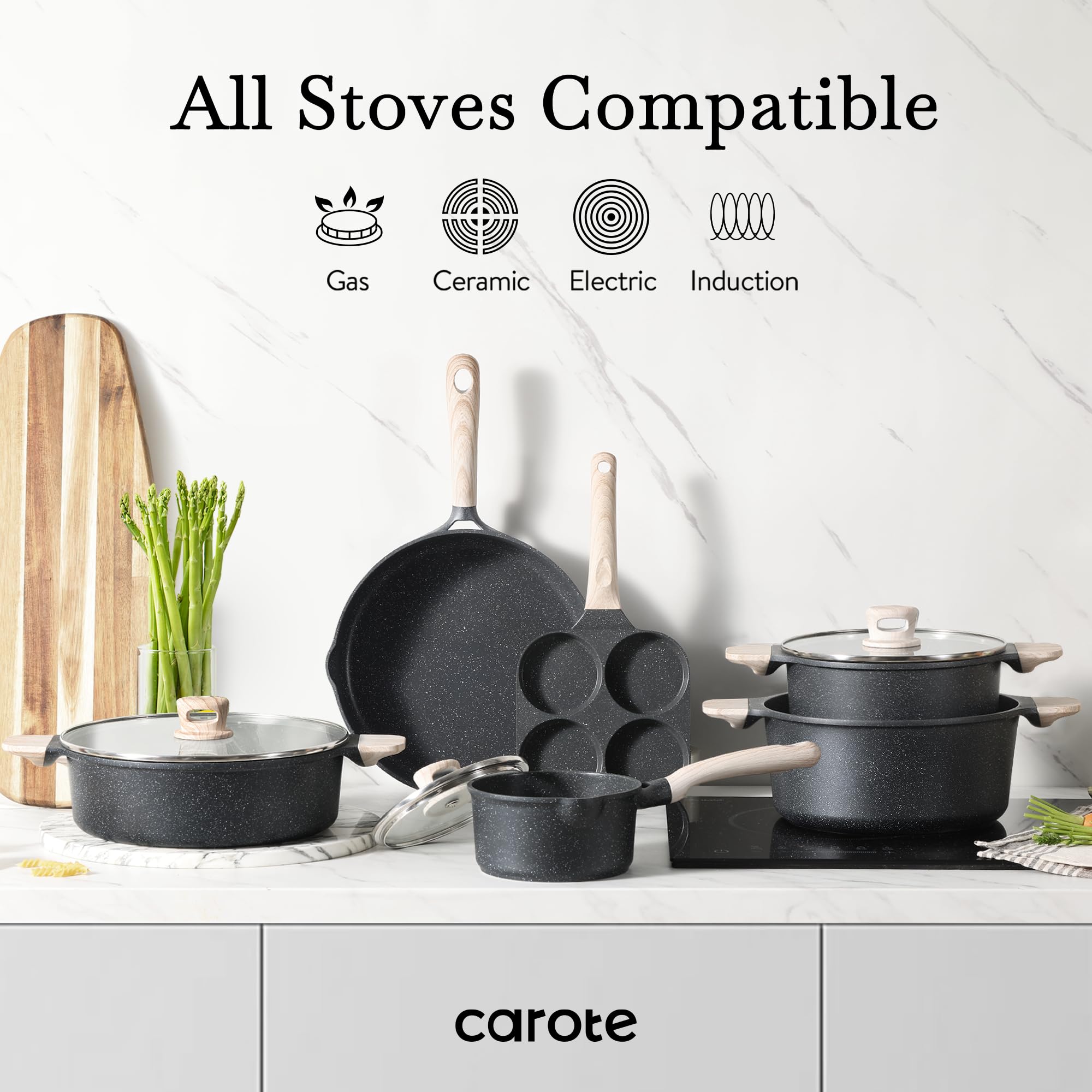 CAROTE Nonstick Cookware Set - 13-Piece Induction Kitchen Pots and Pans Set with Stock Pot & Saucepans, Classic Black | Perfect for Home Cooking, Professional Chefs & Everyday Meal Prep