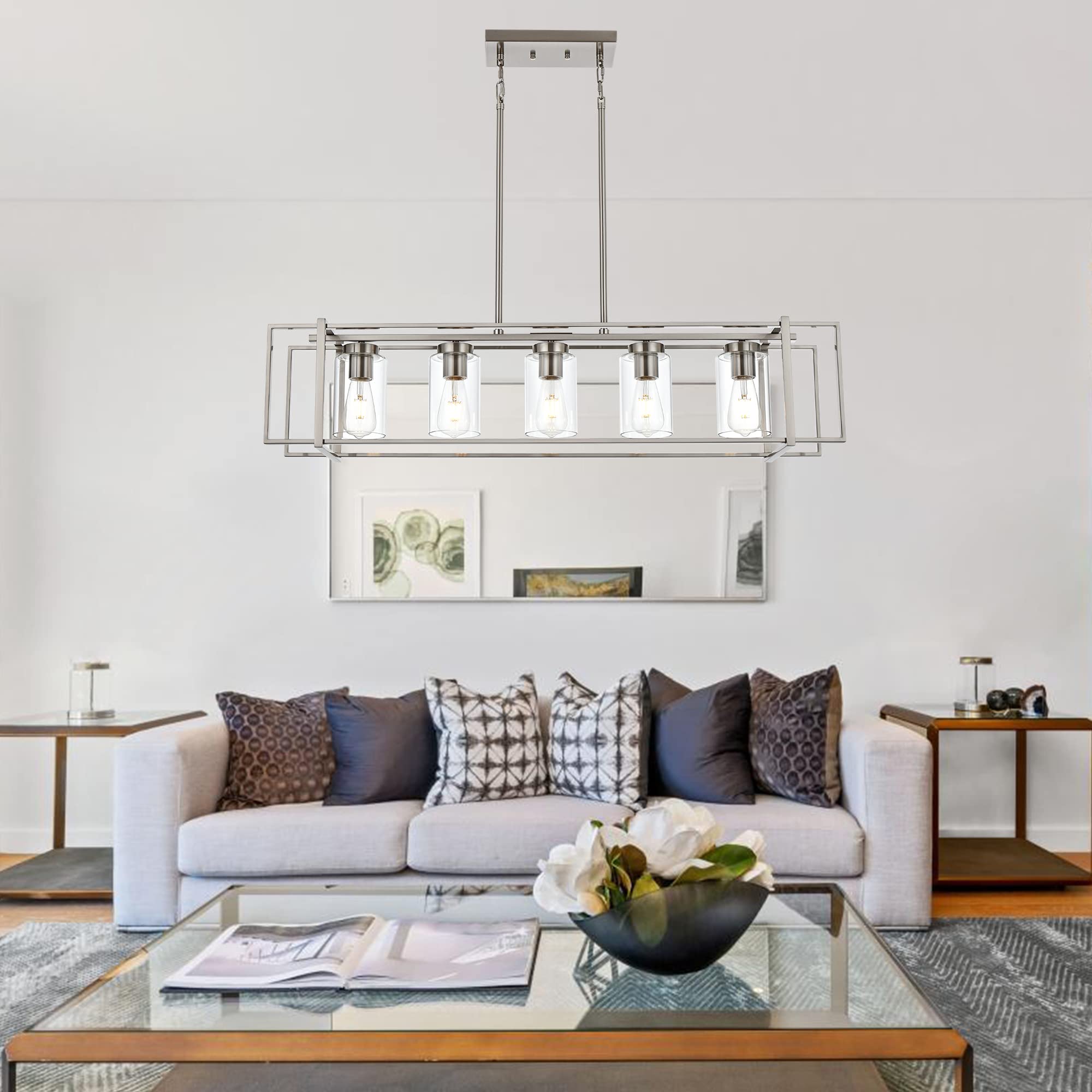 MELUCEE 5-Light Brushed Nickel Rectangular Pendant Light with Clear Glass Shade - Adjustable Height Kitchen Island Lighting & Dining Room Chandelier - Perfect for Modern Farmhouse, Industrial & Contemporary Home Decor