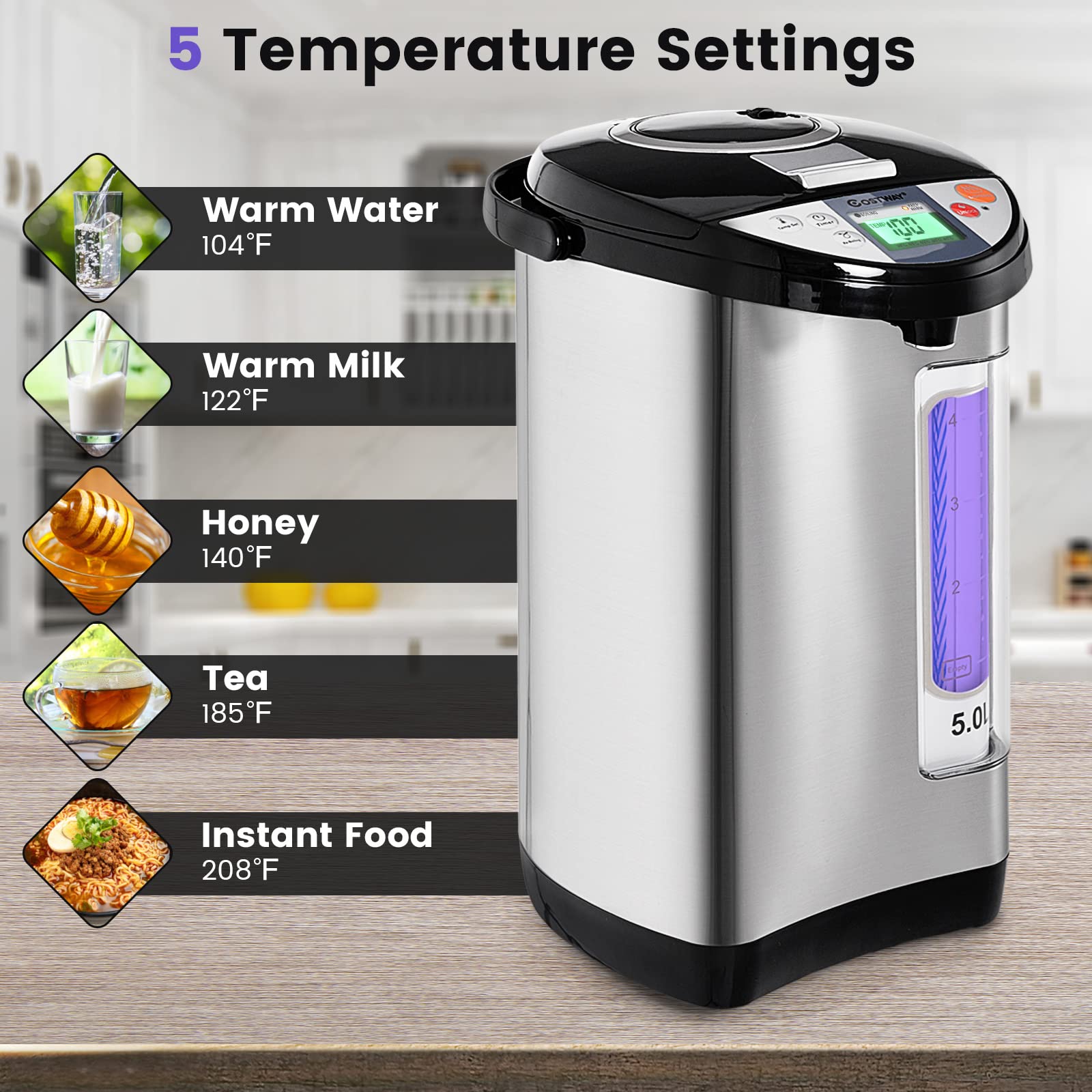 COSTWAY 5L Electric Hot Water Dispenser with LCD Display & 5-Temperature Settings, Stainless Steel Instant Boiler with Safety Lock - Perfect for Home, Office, Tea & Coffee Making