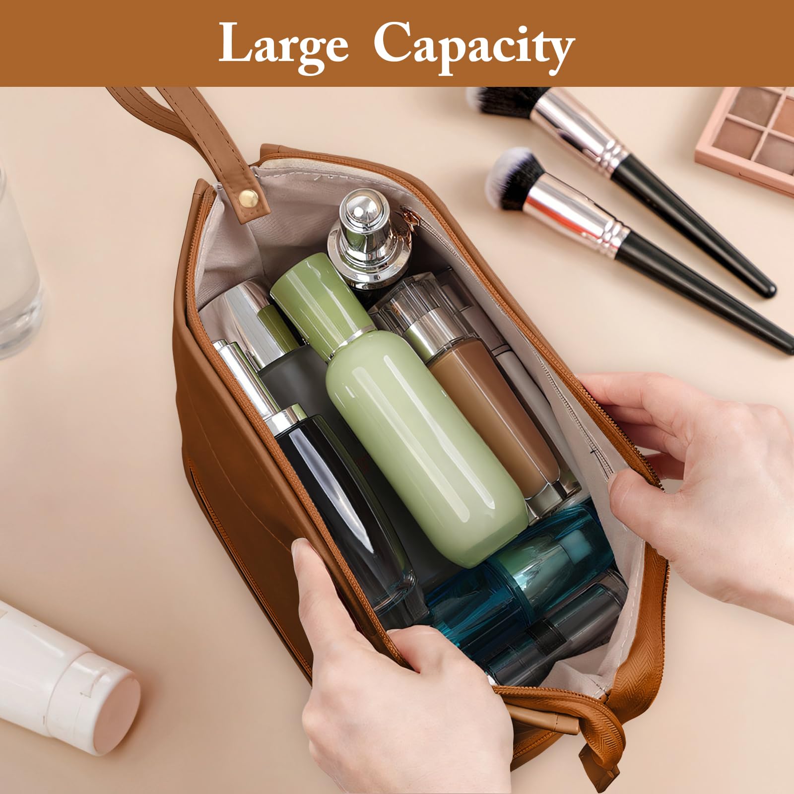 Women's Travel Cosmetic Bag - Double Layer Leather Makeup Organizer with Brush Compartments | Large Portable Toiletry Bag for Girls | Perfect for Airplane Carry-on, Vacation & Business Trips (Brown)