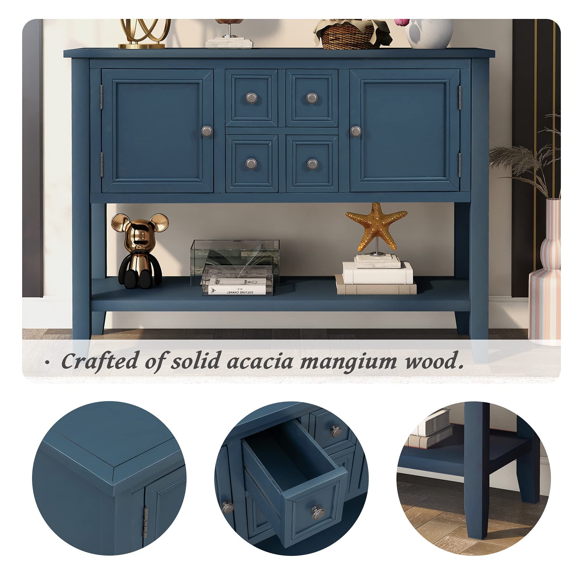 Antique Navy Wood Buffet Sideboard with Storage Cabinet & Drawers - Console Table, Sofa Table with Bottom Shelf for Living Room, Kitchen, Entryway - Perfect for Dining Room Storage & Hallway Decor