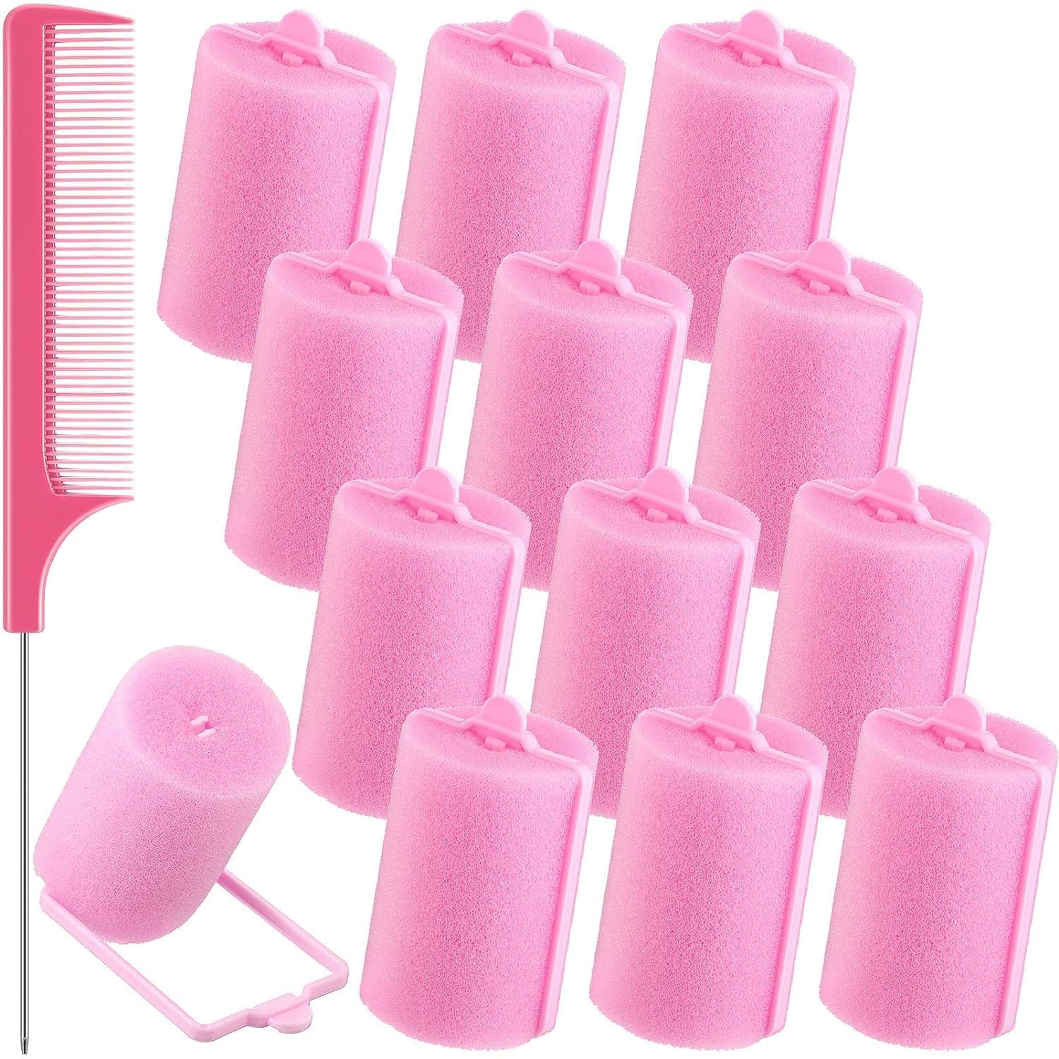 SIYAA 12 Pack Soft Foam Hair Rollers for Sleeping - 1.89 Inch/4.8 cm Flexible Sponge Curlers with Stainless Steel Rat Tail Comb - Pink Hair Styling Set for Overnight Curls & Salon-Quality Hairstyles