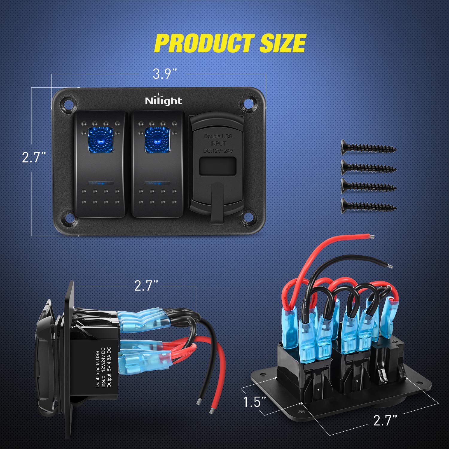 Nilight 90116C 2 Gang Rocker Switch Panel with 4.8A Dual USB Charger & Voltmeter - Waterproof 12V-24V DC Switch with Night Glow Stickers for Cars, Trucks, Boats, RVs (Blue) - Perfect for Off-Roading, Marine & RV Power Management