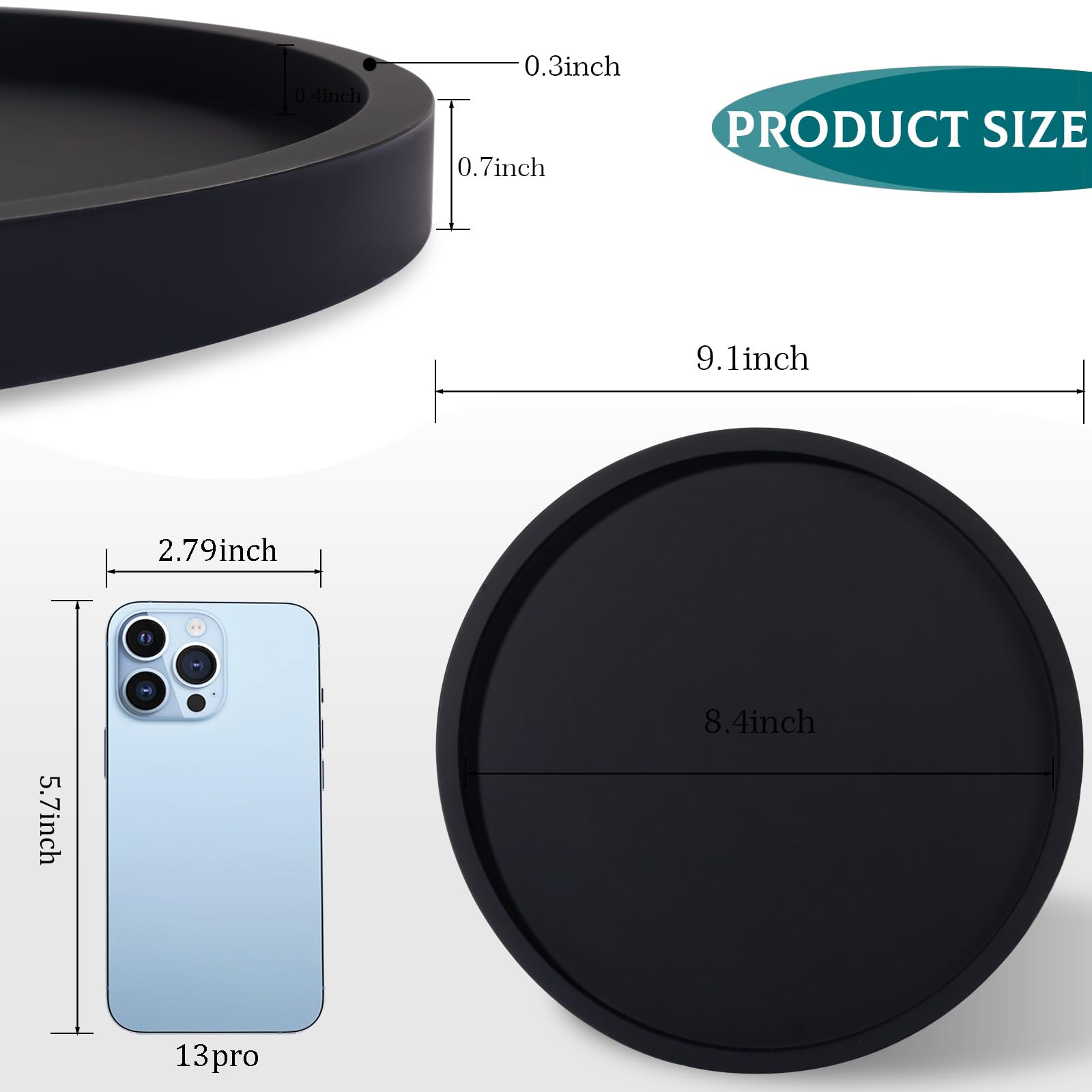 Black 9 Inch Round Silicone Bathroom Tray - Decorative Vanity Organizer for Soap, Candle, Perfume & Plants | Perfect for Bathroom Counter, Kitchen, Coffee Table & Home Decor