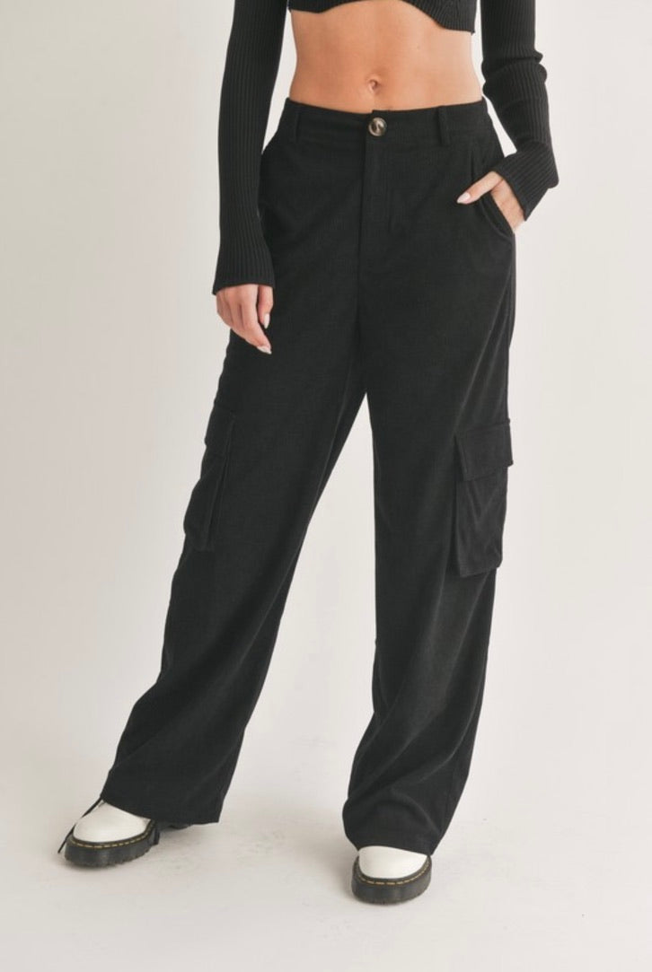 Men's Black Corduroy Cargo Pants - Comfortable Stretch Fit for Outdoor Hiking & Casual Streetwear
