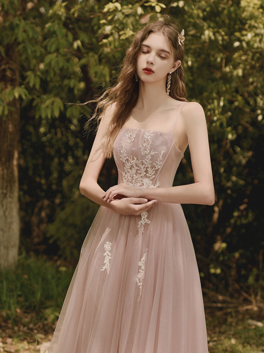 Elegant Pink Tulle Lace Tea-Length Prom Dress | Vintage Lace Evening Gown for Homecoming, Wedding Guest & Special Occasions