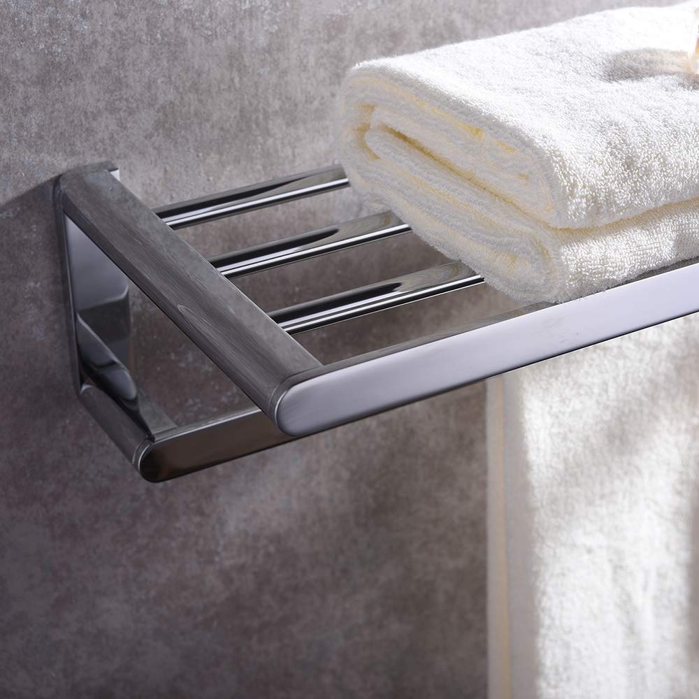 2-Tier Wall Mounted Double Towel Rack with Shelf - Multifunctional Shower Towel Holder in Brass/Chrome for Bathroom & Hotel Use - Perfect for Hanging Towels, Robes & Organizing Toiletries