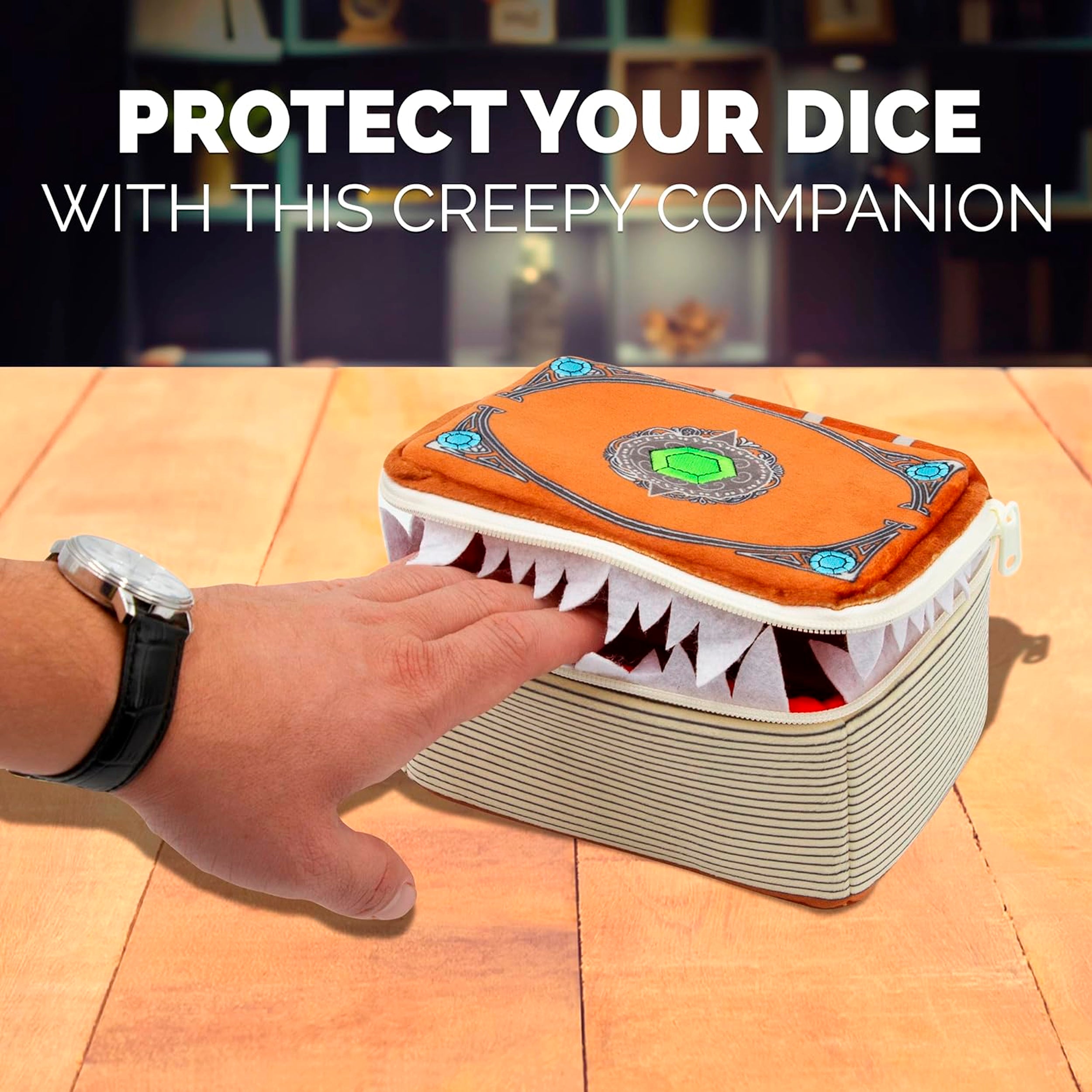 CASEMATIX Mimic Tome Dice Chest - Premium Dice Storage Case with 7 RPG Dice Sets, Plush Zipper Dice Bag & Carabiner - Holds 250 D&D Tabletop Dice - Perfect for Dungeons & Dragons, Pathfinder & TTRPG Game Nights