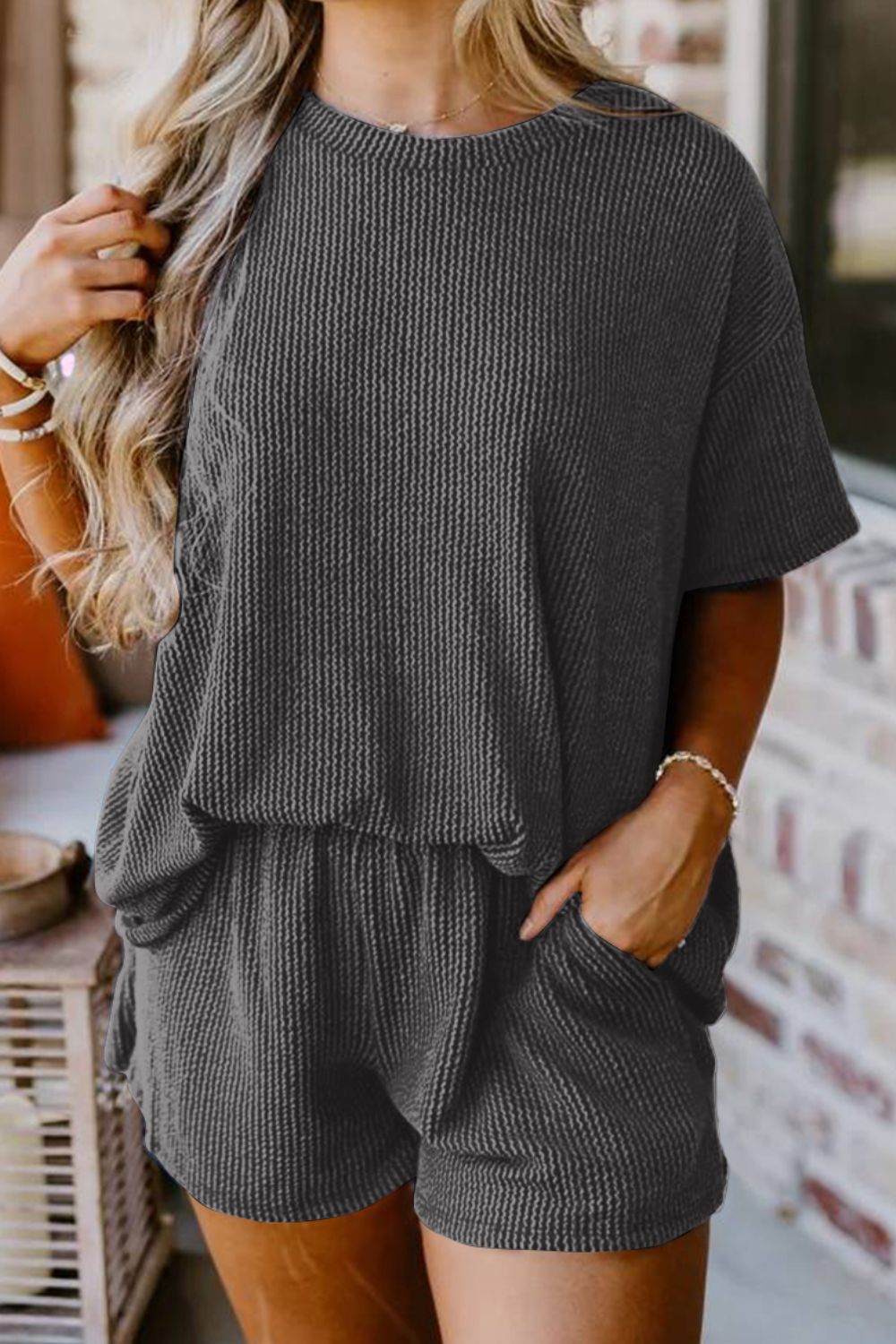 Women's Textured Round Neck Top and Shorts Set - Casual Summer Outfit for Beach, Travel & Lounge Wear