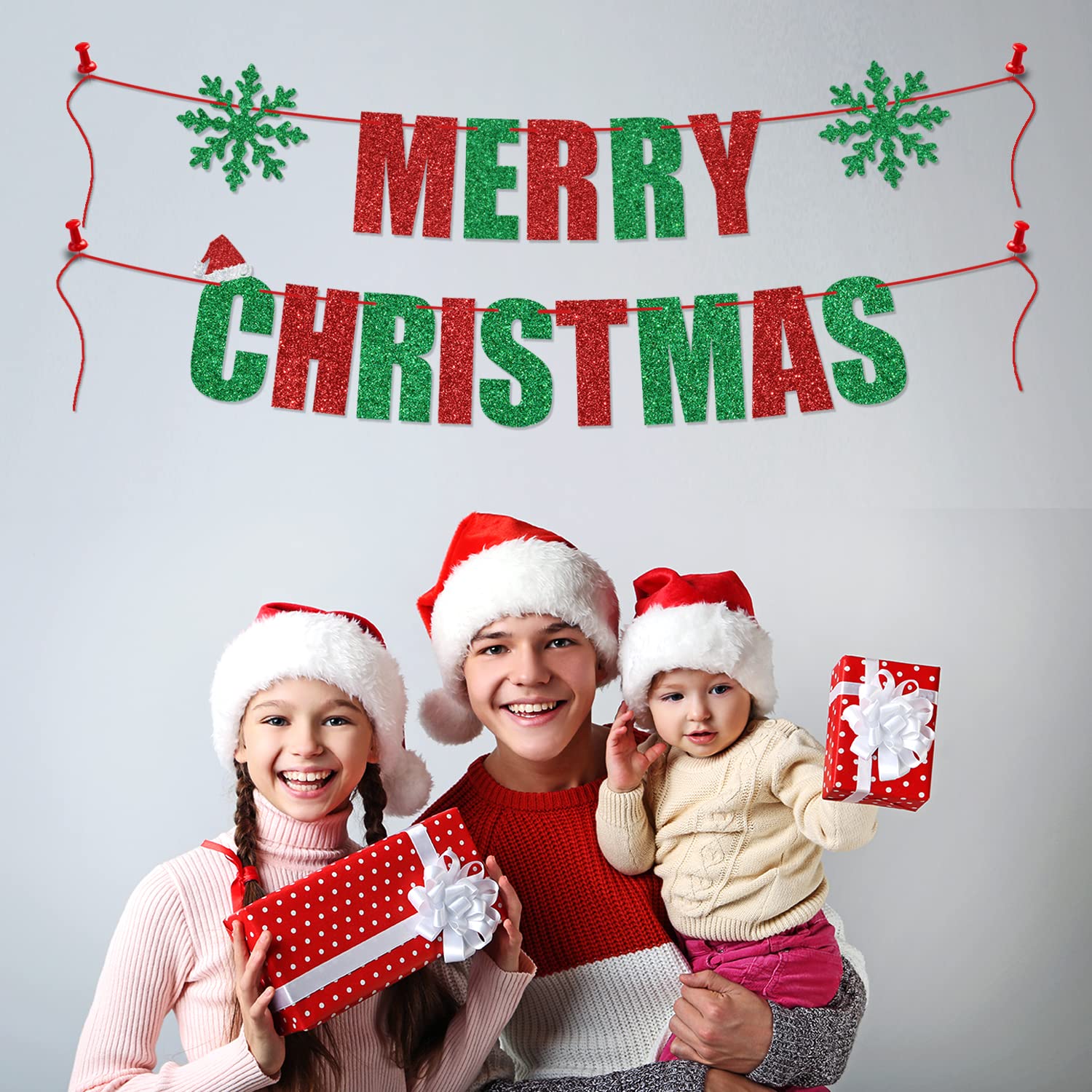 Red & Green Glitter Merry Christmas Banner - Feliz Navidad Party Decor for Indoor Holiday Celebrations | Perfect for Christmas Tree Decorations, Home Parties & Festive Wall Hangings