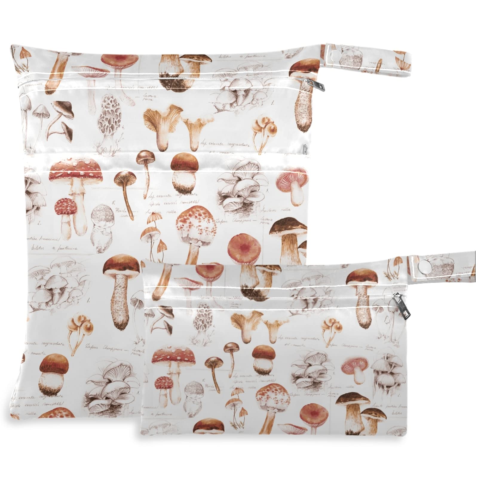 Visesunny 2Pcs Hand Drawn Mushroom Wet Bags with Zipper Pockets - Waterproof Reusable Storage for Swimsuits, Gym Clothes & Diapers - Perfect for Travel, Beach, Pool, Daycare & Stroller Organization