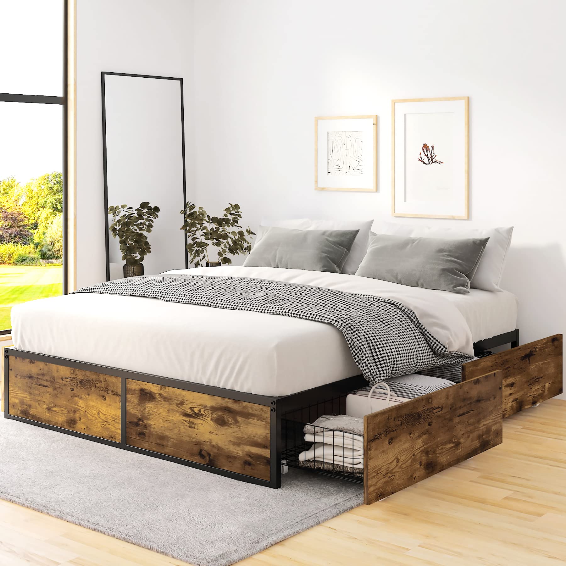 Ikalido Full Size Bed Frame with 4 XL Storage Drawers - Sturdy Metal Platform Bed with Footboard, 13 Reinforced Slats (No Box Spring Needed) - Easy Assembly & Space Saving Design for Small Bedrooms & Apartments