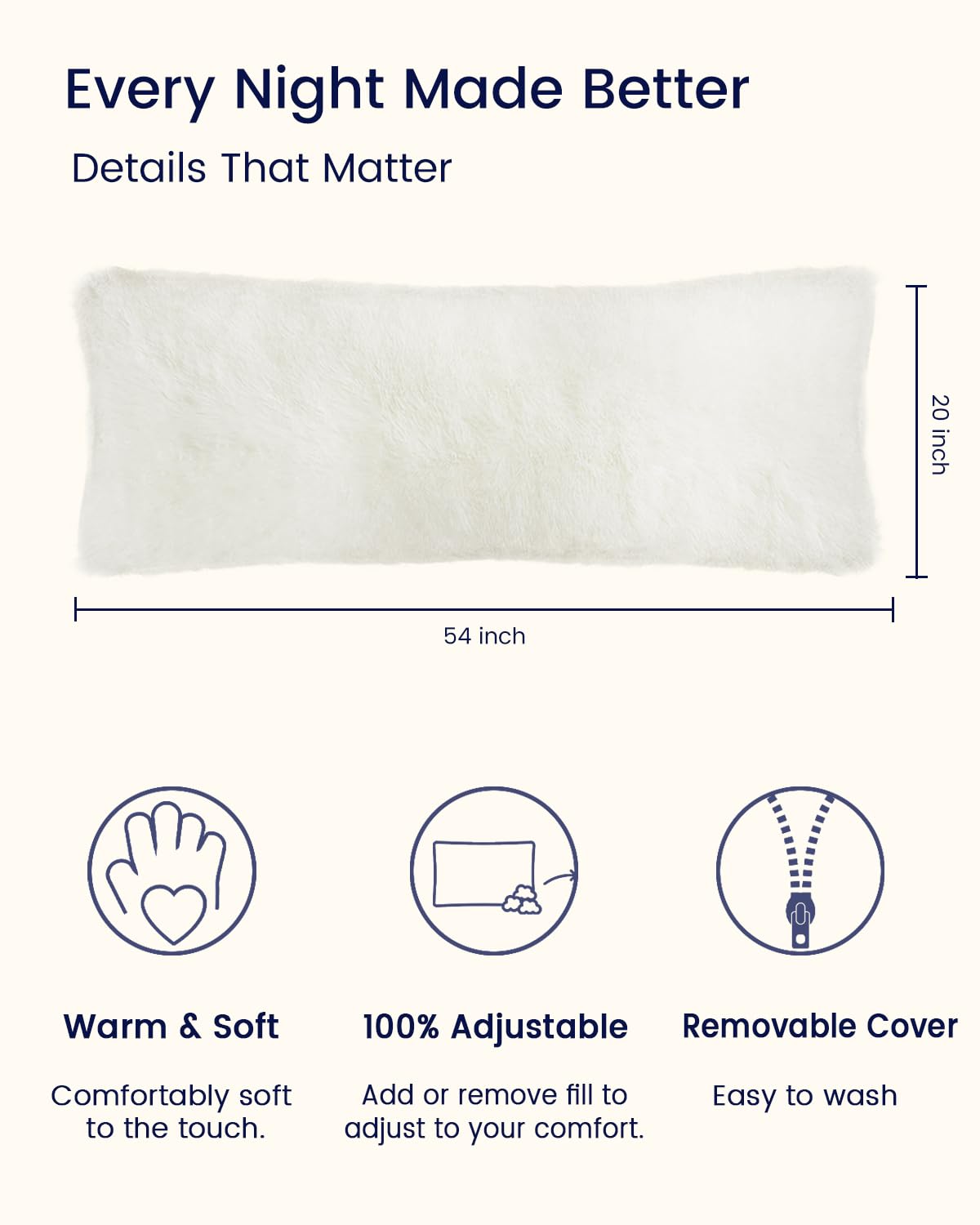 ZonLi Fluffy Body Pillow for Adults - Extra Long Full Body Pillow for Side Sleepers & Pregnancy Support with Removable Washable Cover & Adjustable Filling - Large Firm Sleeping Pillow (White) | Perfect for Bed, Couch, Travel & Maternity Comfort