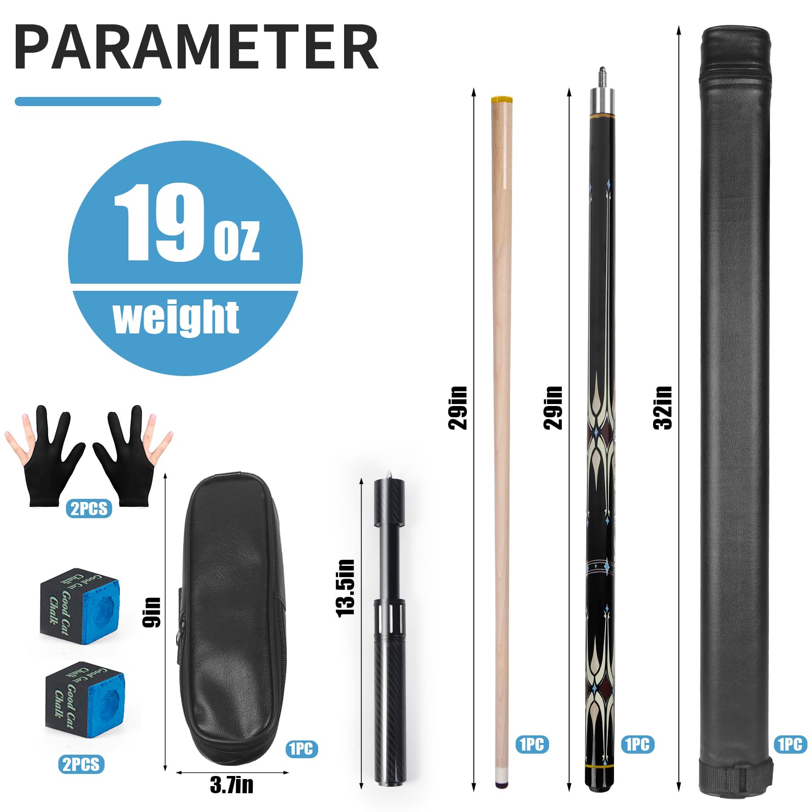 Lotmusic 58-Inch Professional Telescopic Fiber Pool Cue Stick Set with Extension Cue & Black Case – Perfect for Billiards, Pool Halls, and Home Game Rooms