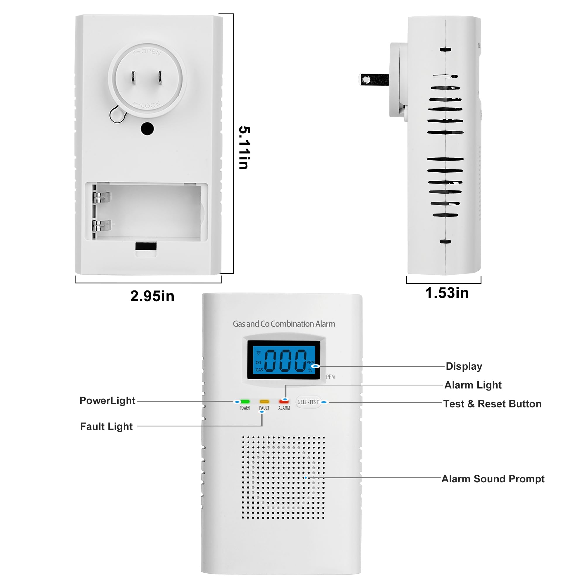 3-Pack Plug-in Carbon Monoxide & Natural Gas Detector Alarm with Digital Display - 2-in-1 CO & Combustible Gas Detector for Home Safety, Easy Installation - Perfect for Bedrooms, Kitchens & Basements