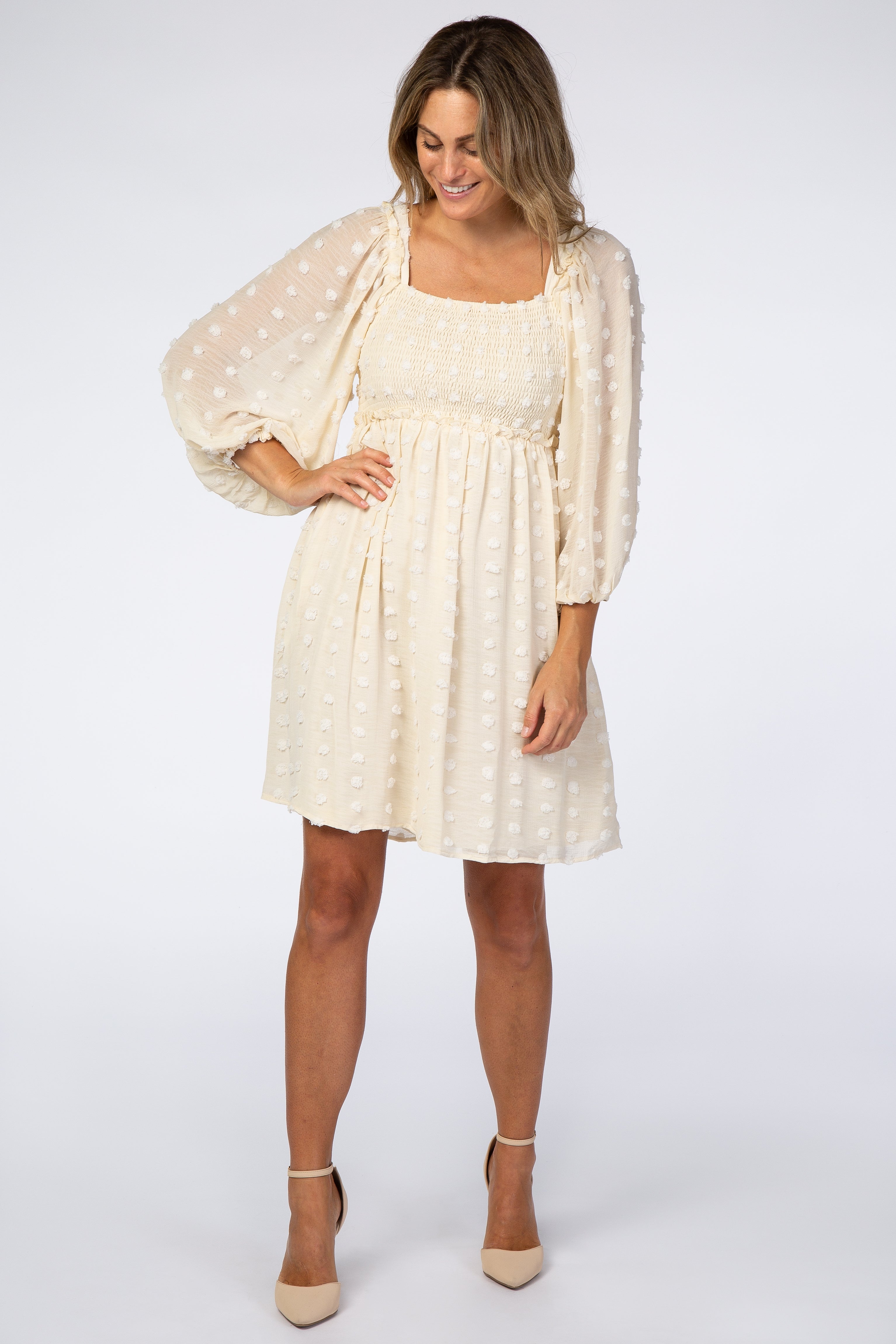 Beige Textured Dot Smocked Square Neck Chiffon Dress - Elegant Summer Party & Wedding Guest Outfit