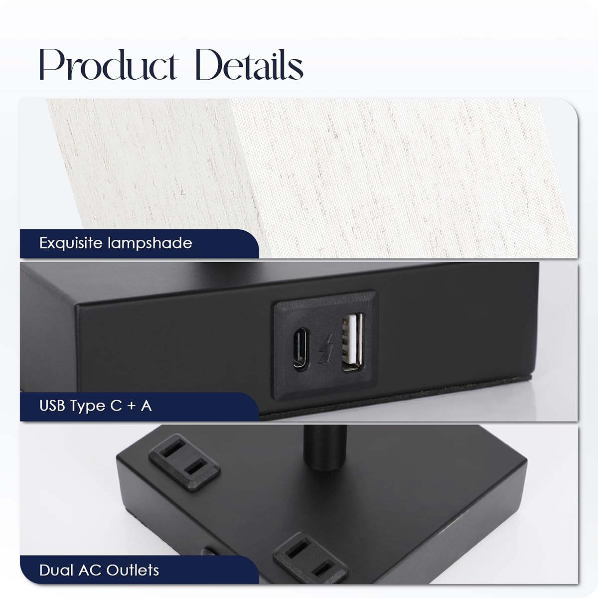 2-Pack Touch Control Bedside Table Lamps with USB-C & AC Charging Ports - 3-Way Dimmable Nightstand Lamps with Flaxen Fabric Shade for Bedroom, Living Room & Office (Includes Bulbs) | Perfect for Reading, Working & Creating Cozy Ambiance
